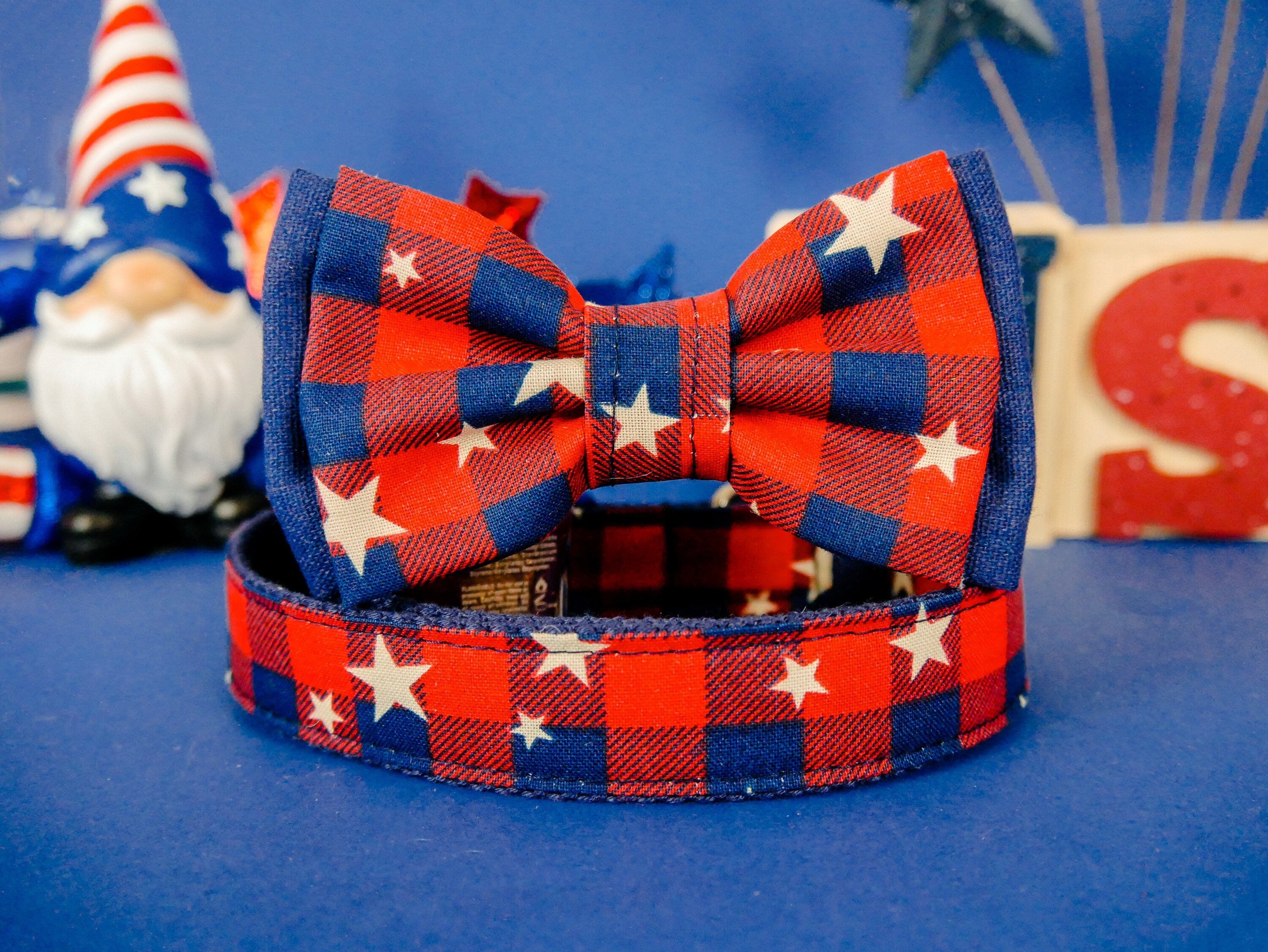 Patriotic Plaid Dog Collar with Bow Tie - Adjustable Pet Collar for Small & Medium Dogs - Perfect for 4th of July, Christmas & Special Occasions