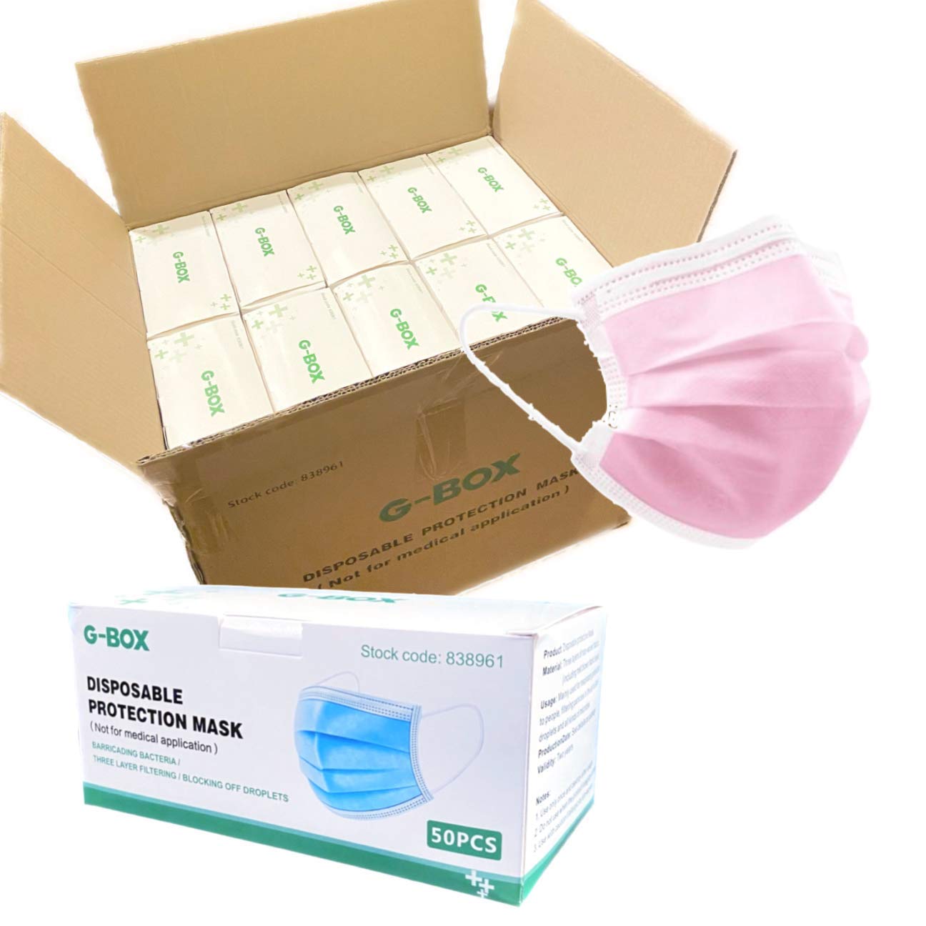 G-Box 3-Ply Disposable Face Masks for Adults - 2000 Count, Pink with Elastic Ear Loops & Adjustable Nose Wire - Comfortable Protection for Work, Travel & Daily Use