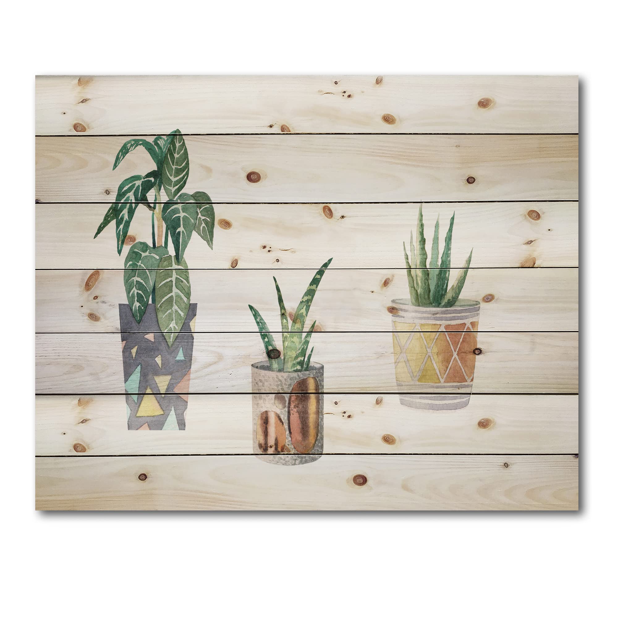 DesignQ Three Potted Houseplants Wood Wall Decor - Traditional Green Floral Wall Art Panels - Large Natural Pine Wood Art for Living Room, Bedroom & Office Decor