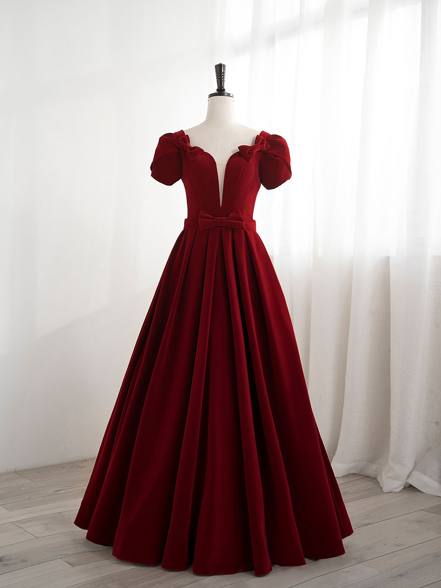 Elegant A-Line Velvet Burgundy Dress for Women - Perfect for Holiday Parties, Weddings & Special Occasions