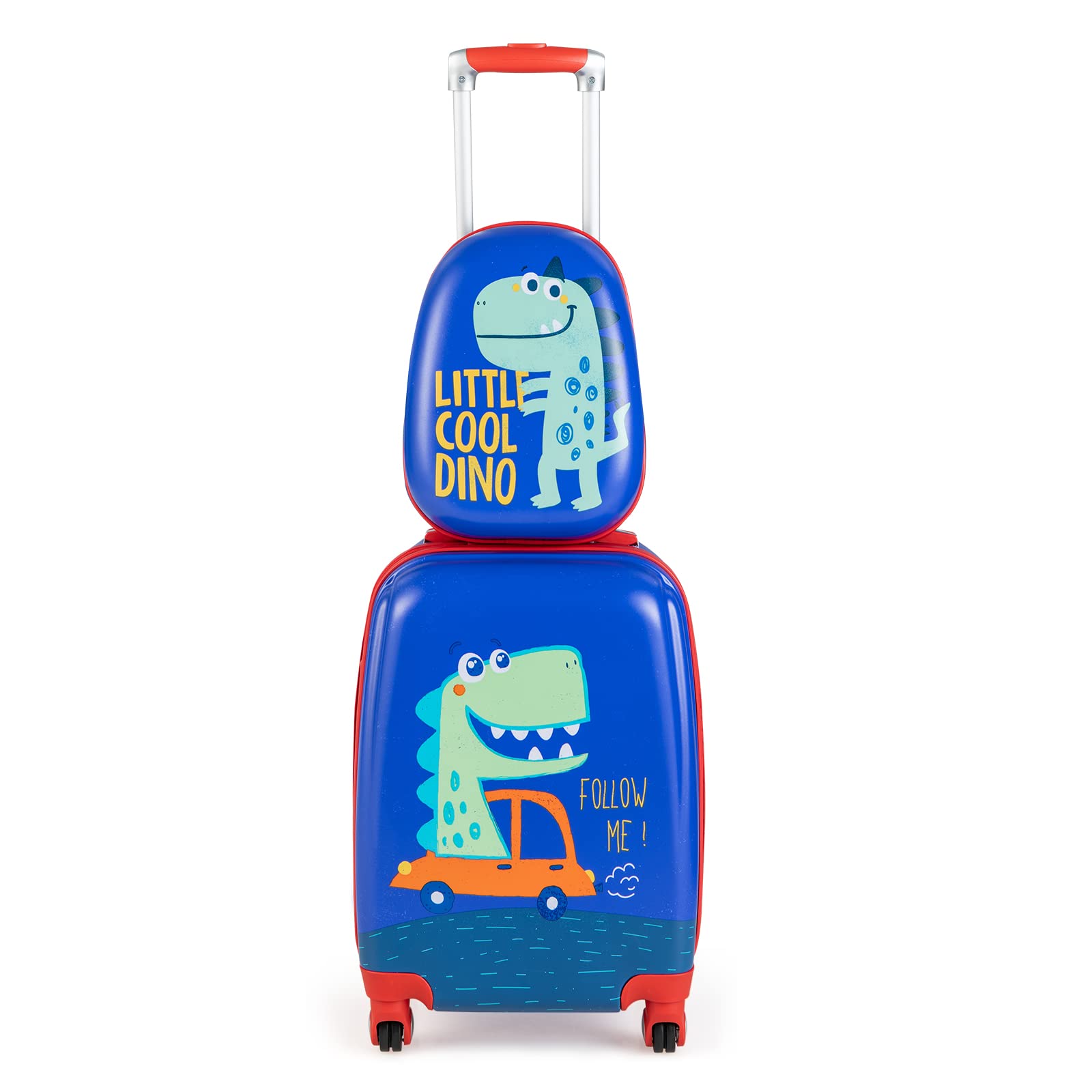 Olakids Kids Luggage Set - 12’’ Travel Backpack & 18’’ Wheeled Carry-On Suitcase for Boys & Girls, 2-Piece Spinner Trolley Case with Dinosaur Design - Perfect for Air Travel, Road Trips & School (Blue Dinosaur)
