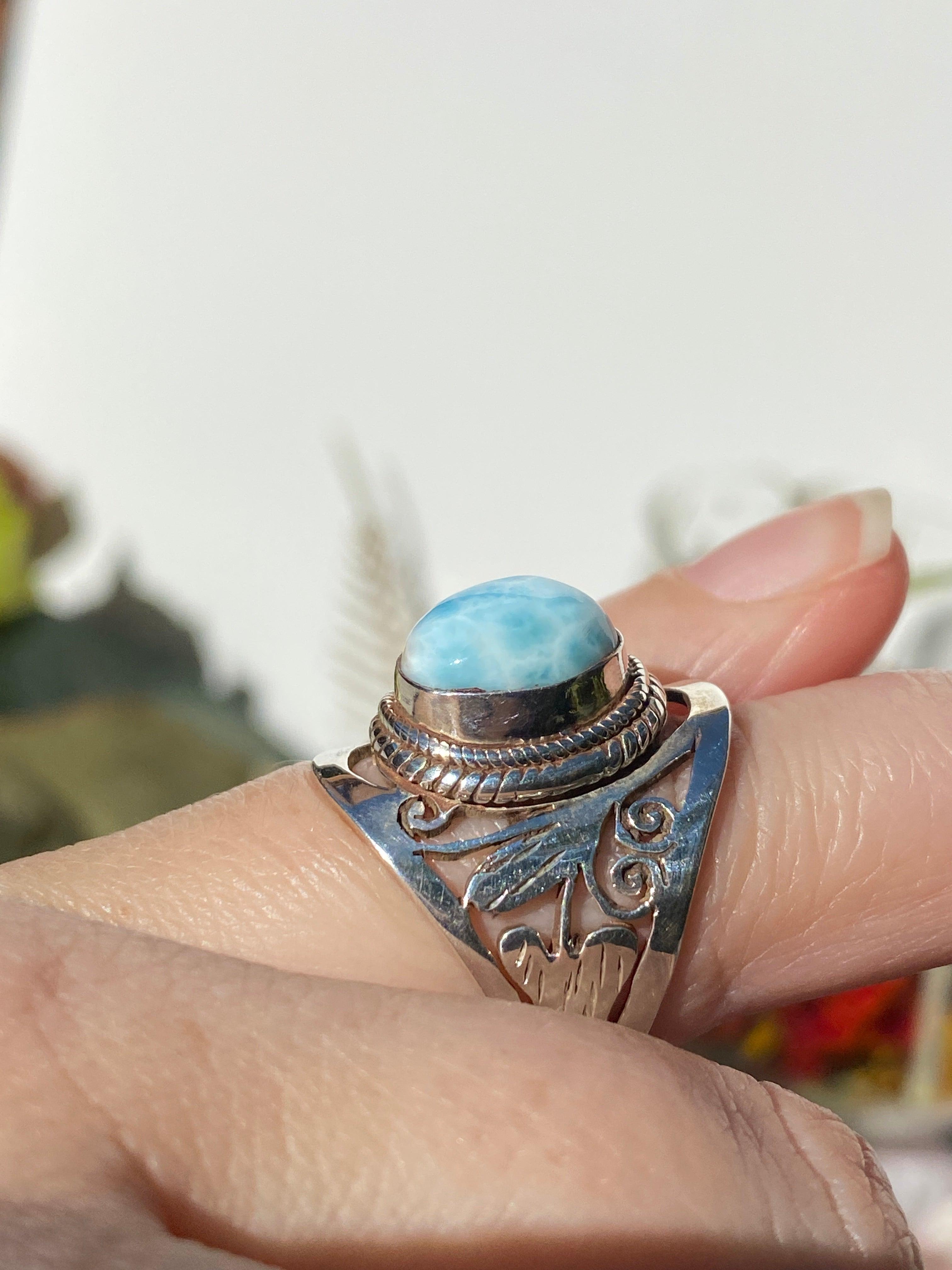 Larimar Oval Cabochon Ring with Detailed Banding - Handmade Sterling Silver Jewelry - Perfect for Beach Weddings & Boho Fashion