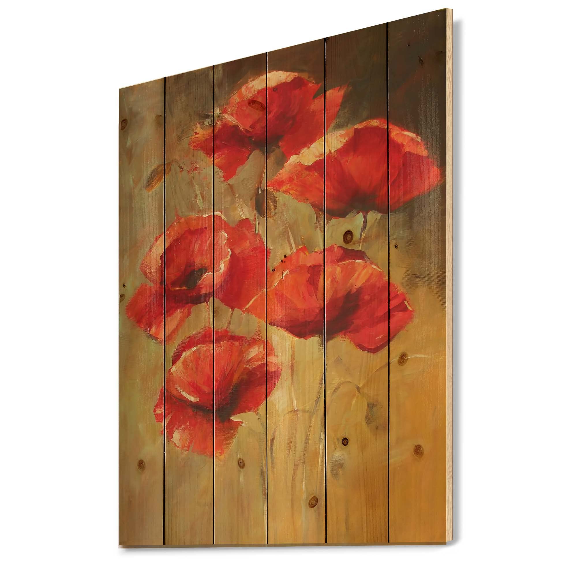 Vintage Blooming Poppies II Traditional Wood Wall Art - Large Floral Pine Wood Wall Decor Panel - Red Poppy Flower Print on Natural Wood - Perfect for Living Room, Bedroom & Home Office Decoration