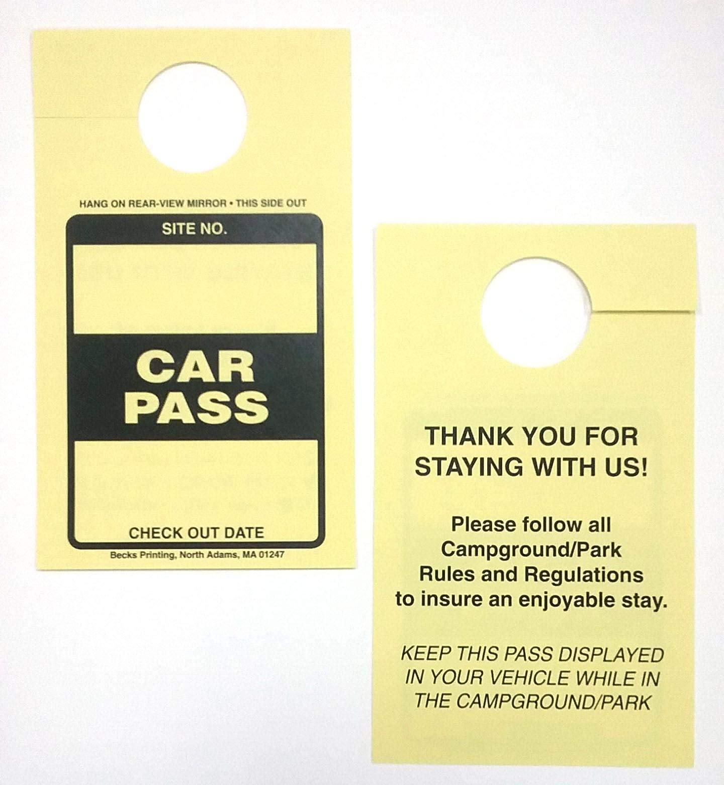 Car Pass Parking Permit Rearview Mirror Hang Tag for Campgrounds, RV Parks, Trailers & Campers - Durable Site Tags (Yellow, Pack of 1000) - Perfect for RV Resorts, National Parks & Campground Parking Management