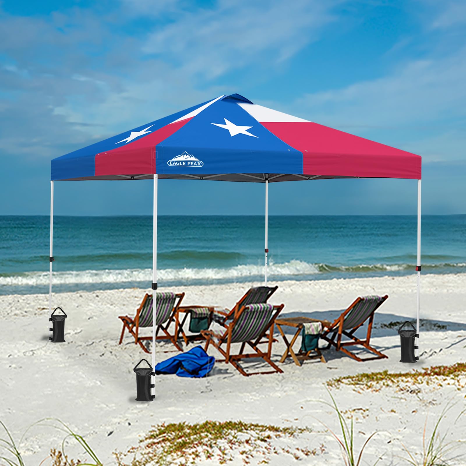 EAGLE PEAK 10x10 ft Pop Up Canopy Tent with Wheeled Carry Bag - Includes 8 Stakes, 4 Ropes & 4 Weight Bags for Easy Setup - 100 sq ft Portable Shade Shelter for Outdoor Events, Camping, Beach & Backyard Parties (Texas Style)