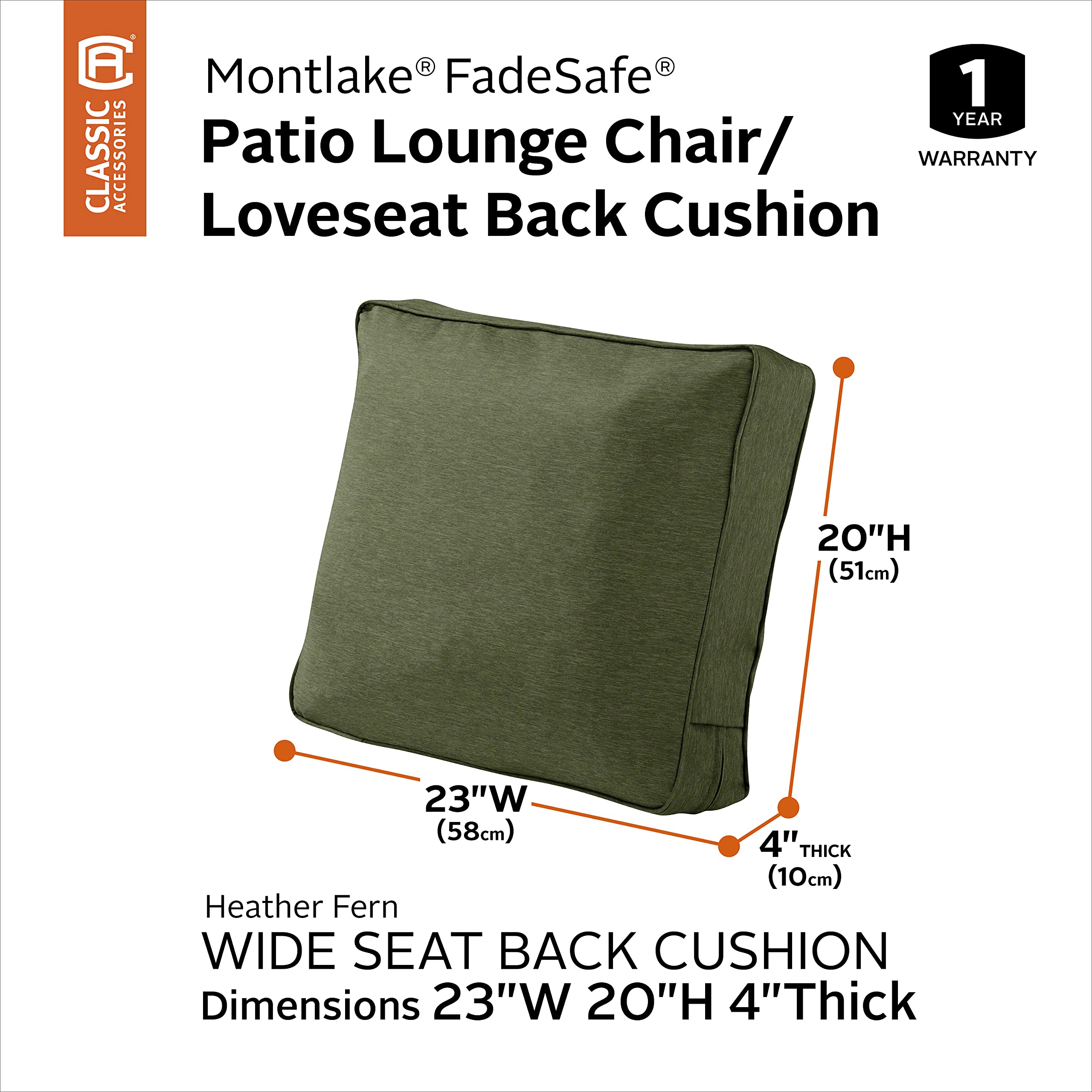 Classic Accessories Montlake FadeSafe Patio Lounge Chair & LoveSeat Back Cushion - 23x20x4 Inch, Heather Fern - Water-Resistant Outdoor Furniture Cushion for Patio, Deck, Poolside & Garden Relaxation