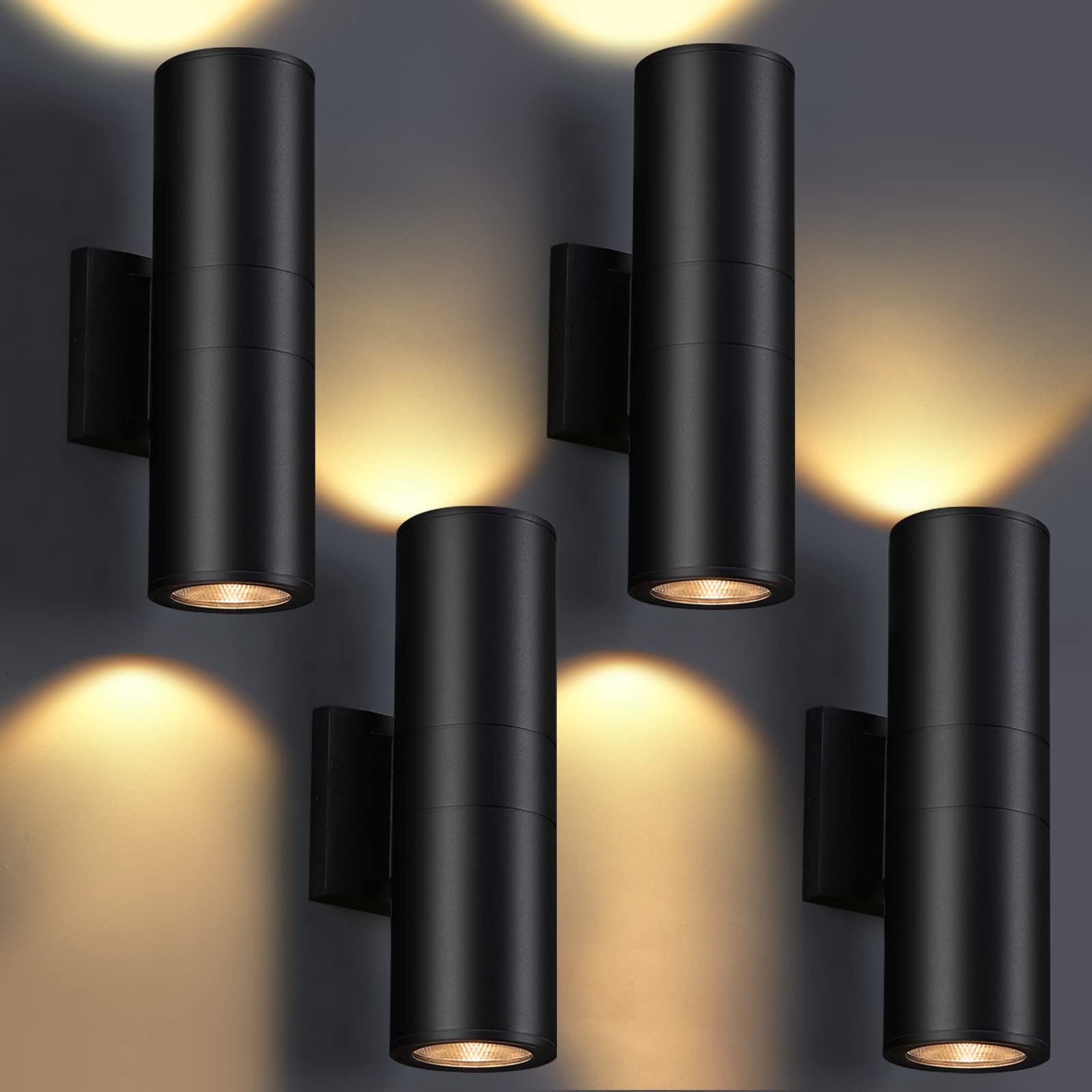 4-Pack Matte Black Outdoor Wall Lights - 12W 2700K Integrated LED Cylinder Up Down Lights, Aluminum Exterior Light Fixtures for Porch, Patio, Doorway & Garden - Weatherproof Outdoor Lighting for Home & Commercial Use