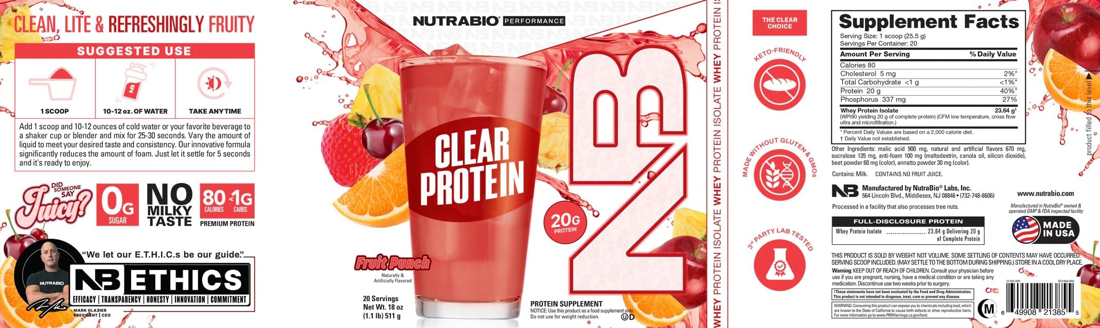 NutraBio Clear Whey Isolate Protein Powder - Fruit Punch Flavor, Zero Sugar, No Foam, 20 Servings | Refreshing Post-Workout Recovery Drink for Athletes & Fitness Enthusiasts
