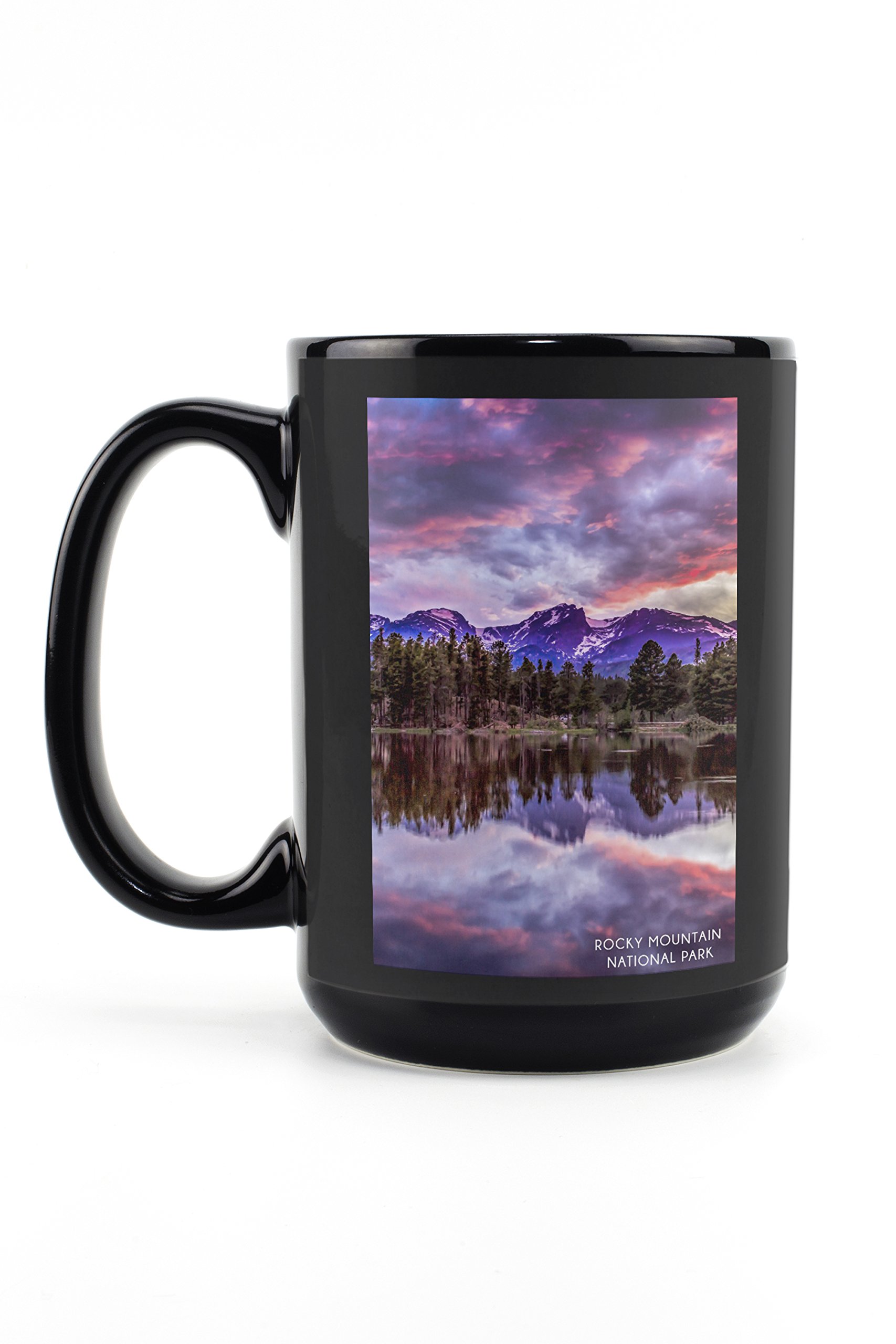 Rocky Mountain National Park Sunset Lake 15oz Black Ceramic Coffee Mug - Microwave & Dishwasher Safe - Perfect for Camping, Hiking & Outdoor Adventures