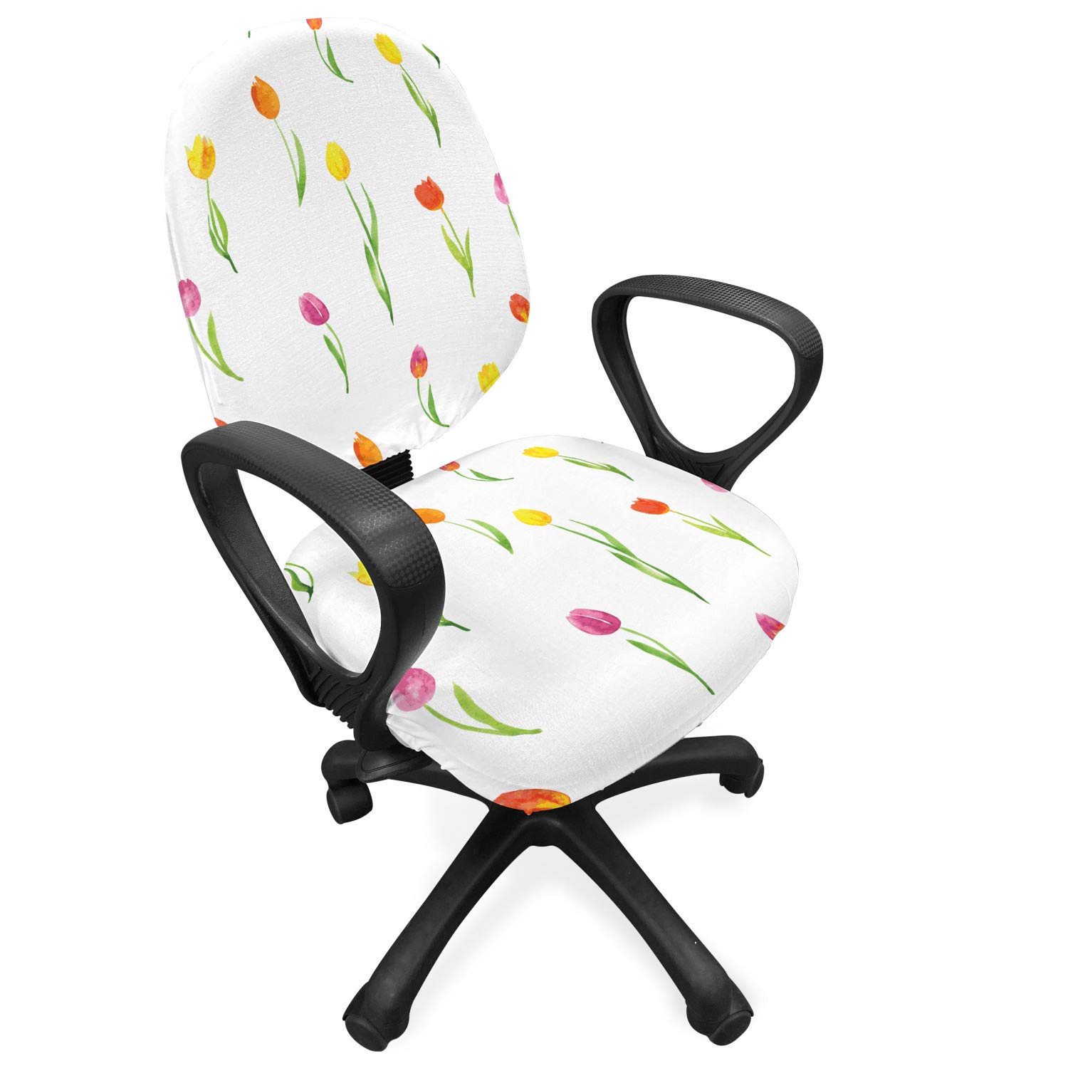 Ambesonne Watercolor Flower Office Chair Slipcover - Colorful Tulips Floral Design Stretchable Washable Fabric Cover, Standard Size Multicolor | Home Office Decor, Living Room Accent, Gift for Women