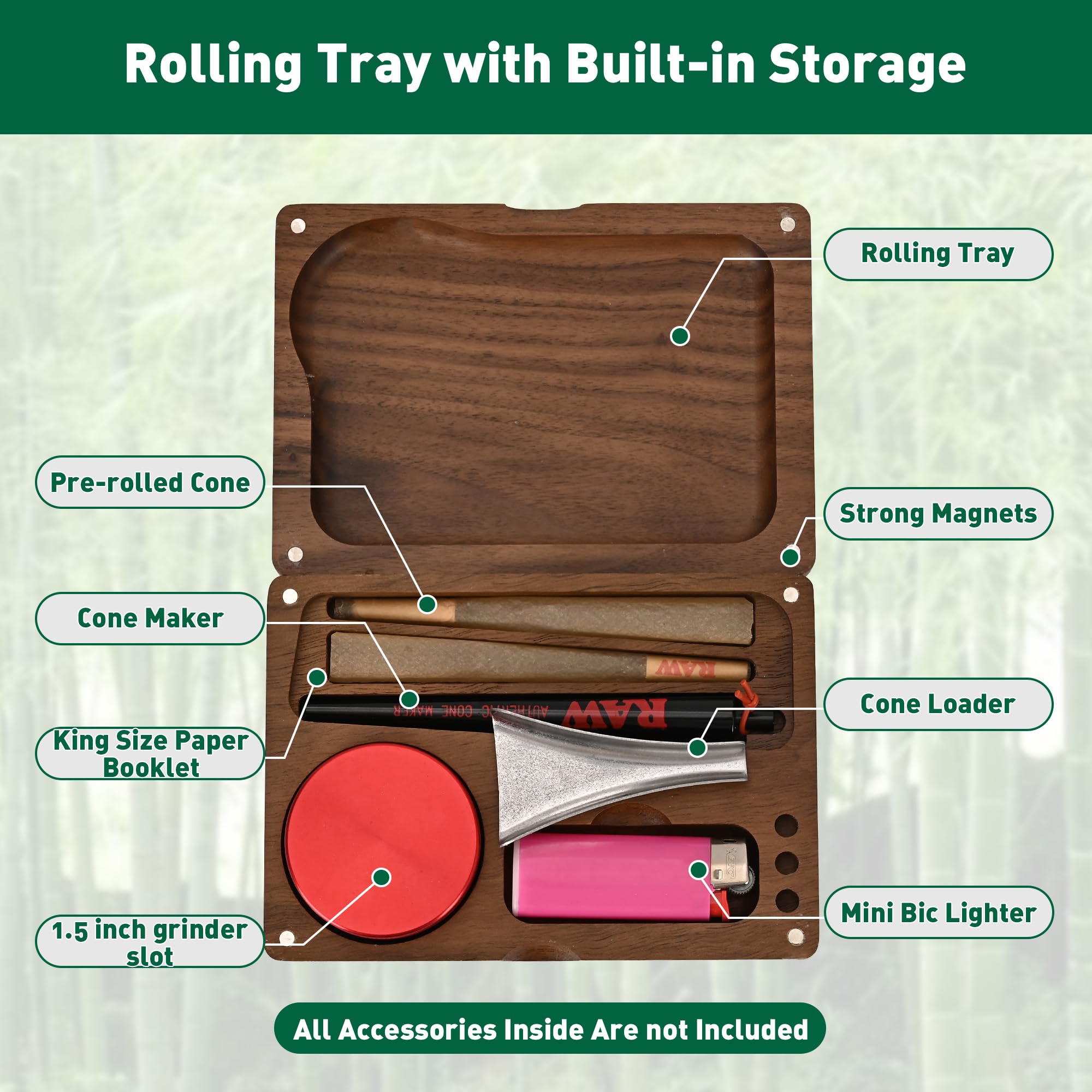 Premium Natural Walnut Storage Case - Fits Rolling Papers, Pre-Rolled Cones, Mini BIC Lighter, 1.5