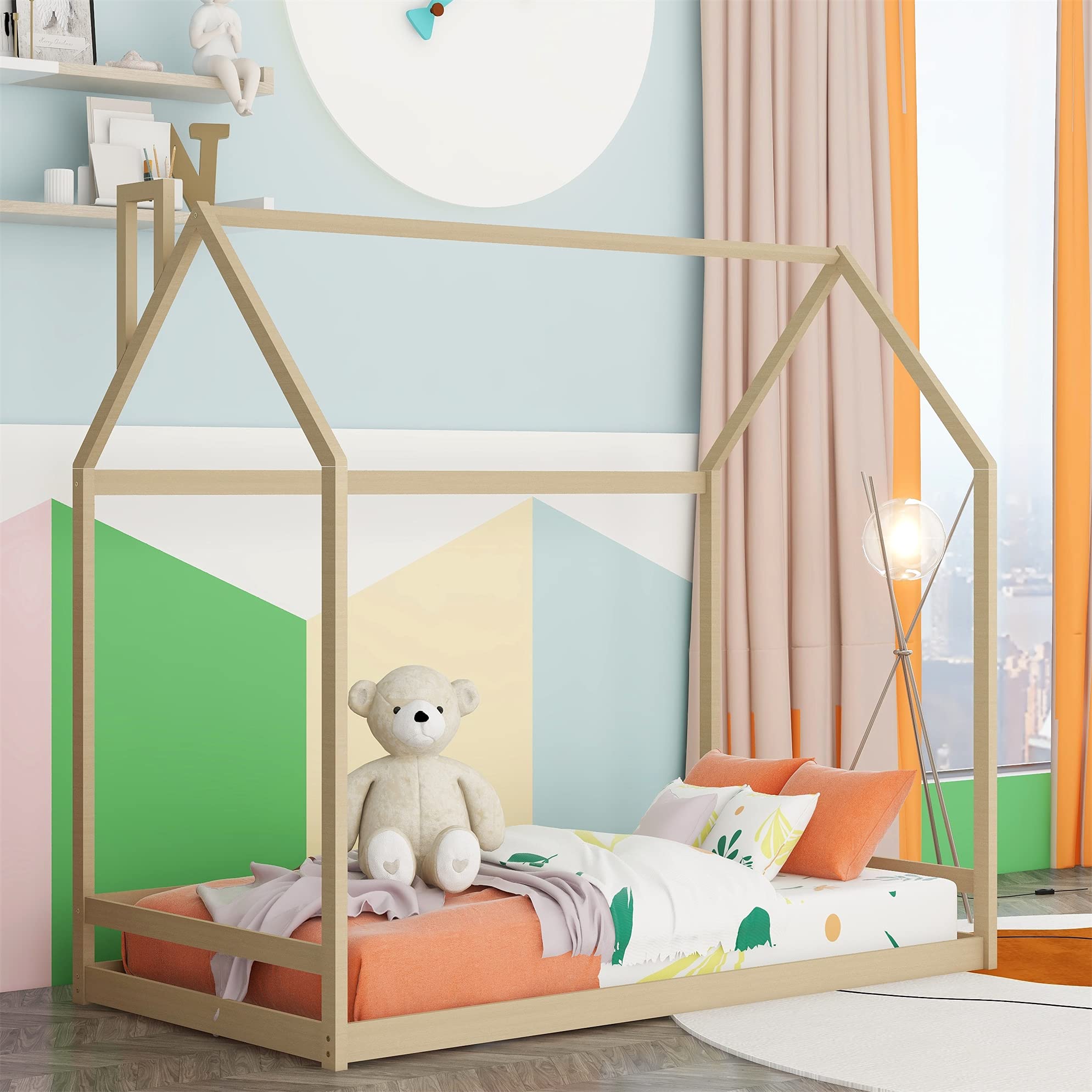 **Kids House Bed Twin Size with Roof - Wooden Bed Frame for Toddlers, Teens, Boys & Girls - Easy Assembly (Natural) - Perfect for Bedrooms, Playrooms & Sleepovers**