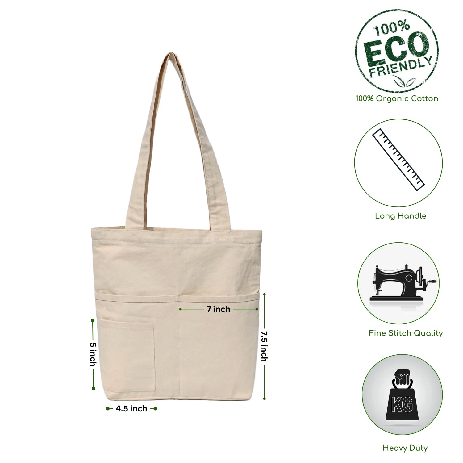 EcoDott Women's Cotton Tote Bag with Zipper & Pockets - 100% Organic Canvas Shoulder Handbag for School, Work, Travel & Daily Use | Durable Eco-Friendly Shopping Bag for Women | Perfect for Office, Beach & Grocery Shopping