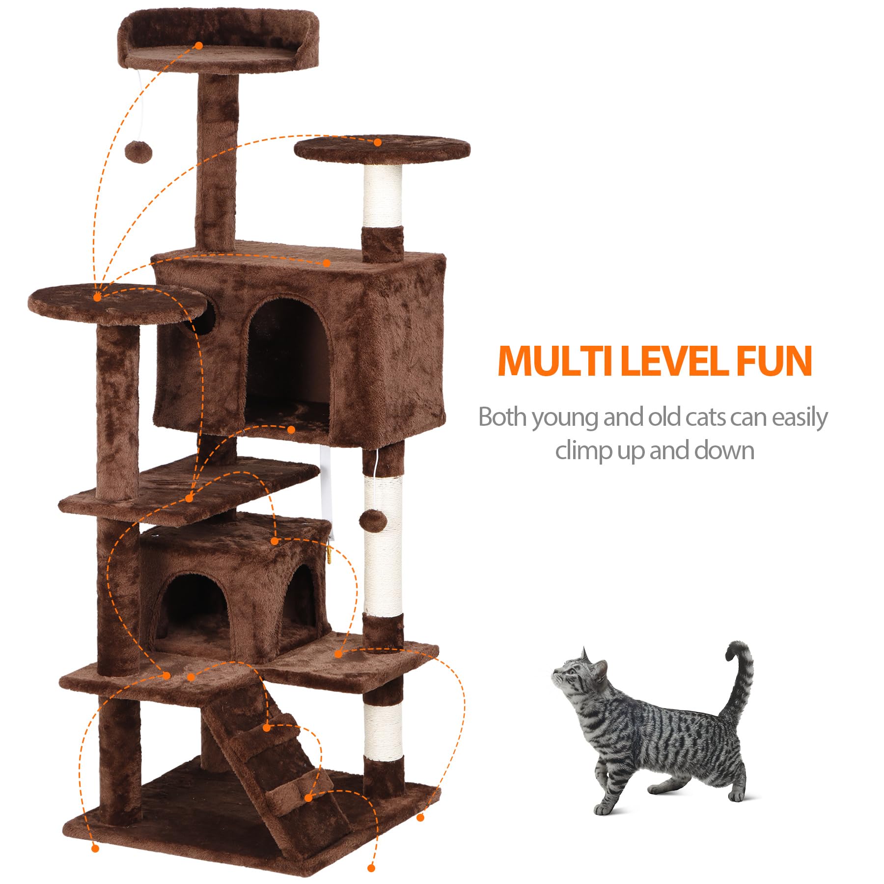 54-Inch Cat Tree with Scratching Posts - Multi-Level Kitten Condo Tower, Play House & Climbing Furniture for Indoor Cats - Perfect for Small Spaces & Active Kittens