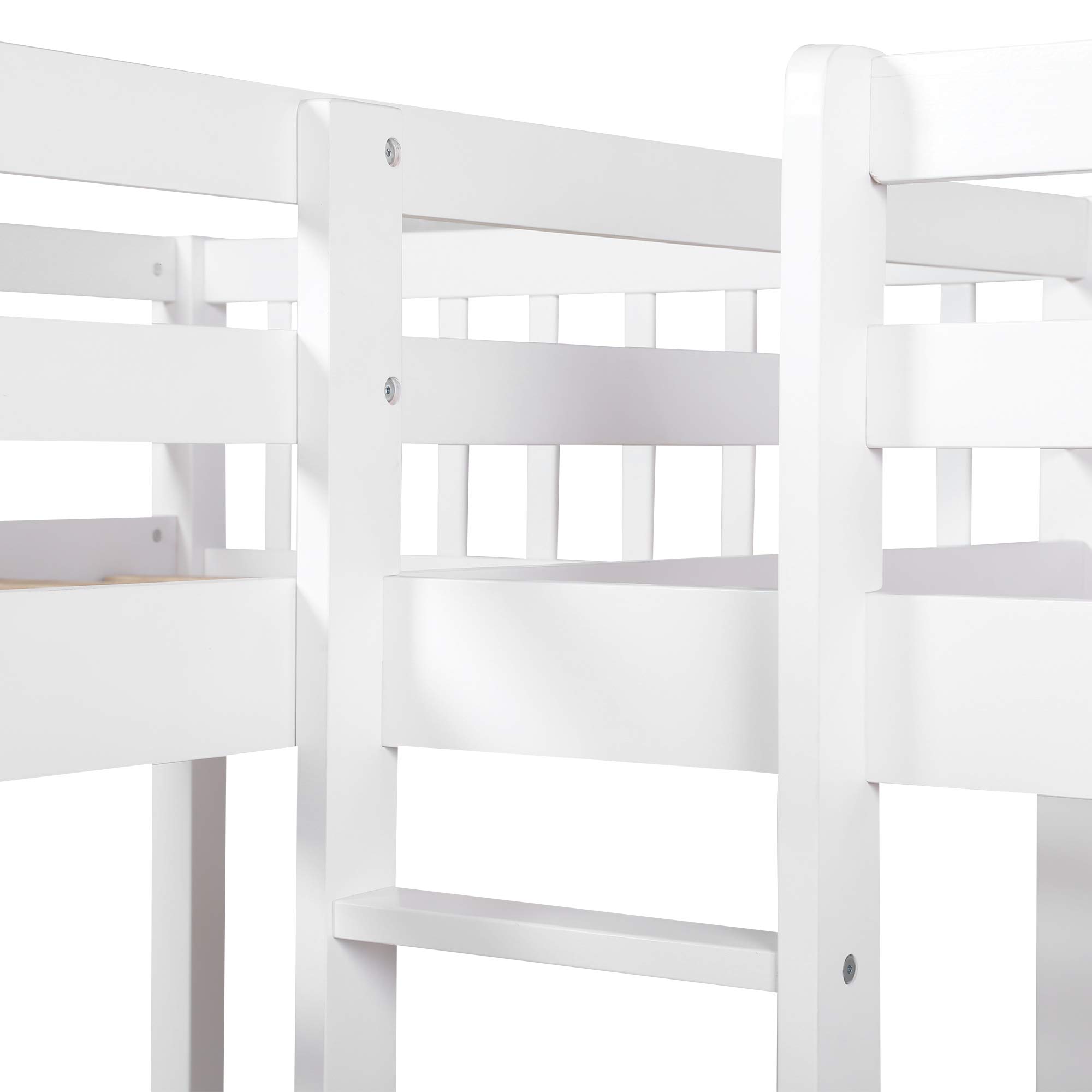 Kids L-Shaped Twin Over Twin Solid Wood Bunk Bed Frame with Safety Guardrail & Ladder, Storage Drawers - No Box Spring Needed, White - Perfect for Small Bedrooms, Shared Kids Rooms & Space-Saving Solutions