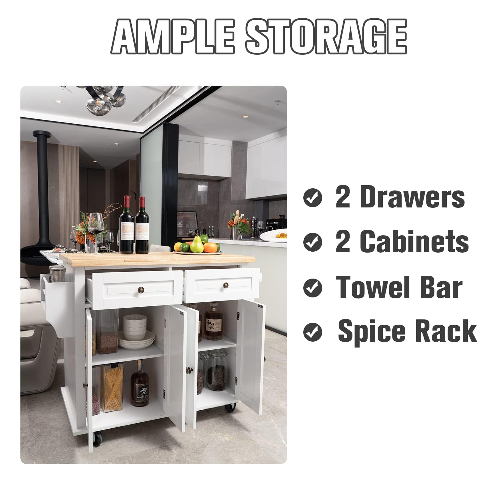 Portable Kitchen Island Cart with Wheels & Storage - Rustic Wood Block for Home Cooking