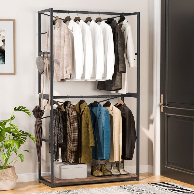 Free Standing Closet Organizer - Heavy Duty Metal Garment Rack with Storage Shelf & Double Hanging Rod for Clothes | Wardrobe Storage Solution for Bedroom, Closet, Laundry Room & Dorm Organization
