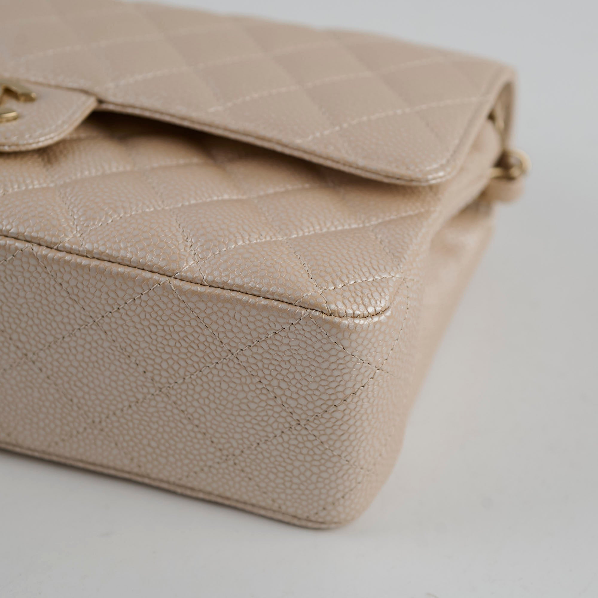 Chanel 12P Classic Flap Medium/Large M/L Pearly Beige Caviar Leather Bag (16 Series) - Luxury Designer Handbag for Women, Perfect for Evening Parties & Special Occasions