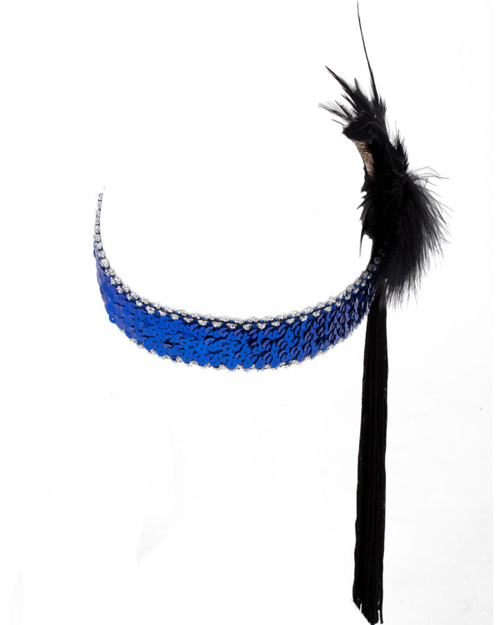 Vintage 1920s Blue Flapper Headband with Black Tassels - Roaring 20s Gatsby Party Hair Accessory for Women, Costume Parties & Themed Events