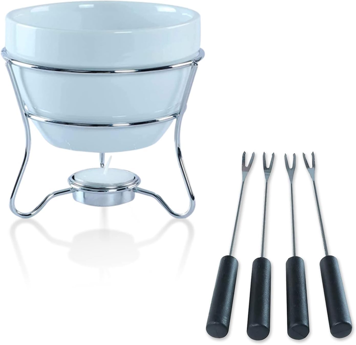 Premium Chocolate Fondue Pot Set with 4 Stainless Steel Dipping Forks & Tea Light Candle Holder - Perfect for Valentine's Day Gifts, Romantic Dinners, Parties & Family Gatherings - Ideal for Melting Chocolate, Cheese & Butter