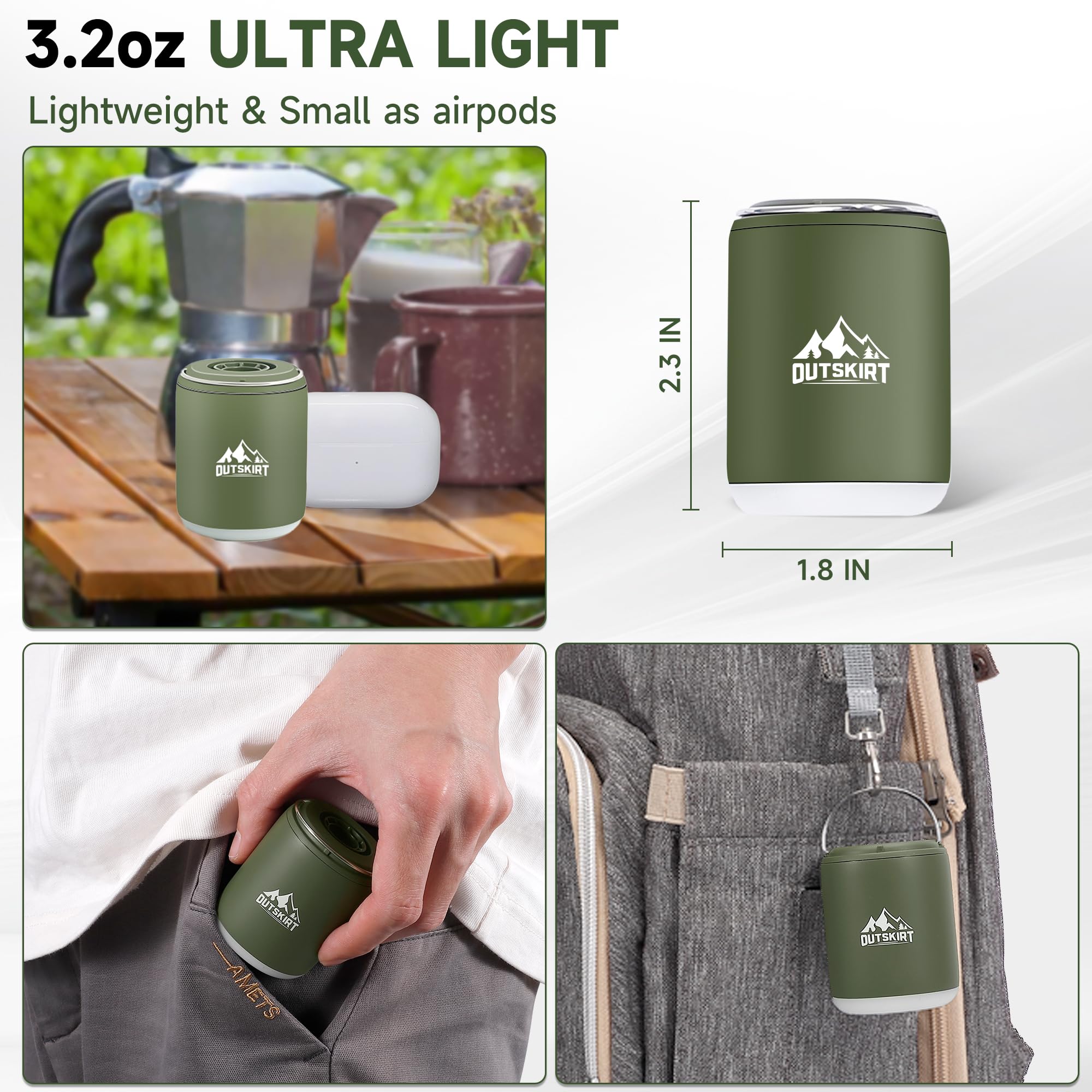 OUTSKIRT Ultra-Mini Air Pump - Portable Rechargeable Inflator with 4.5kPa Pressure, Built-in Camping Lantern & Magnetic Base - Perfect for Air Mattresses, Sleeping Pads, Pool Floats, Swimming Rings, Vacuum Storage Bags - Ideal for Camping, Travel, Beach Trips and Home Storage