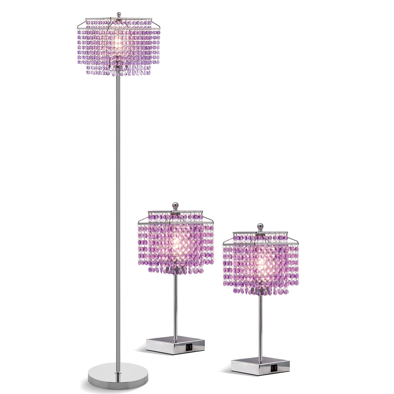 Crystal Table Lamp with USB Ports & Floor Lamp Set of 2 - Modern Lighting for Living Room, Bedroom, Office (Purple) | Elegant Home Decor & Workspace Lighting Solution