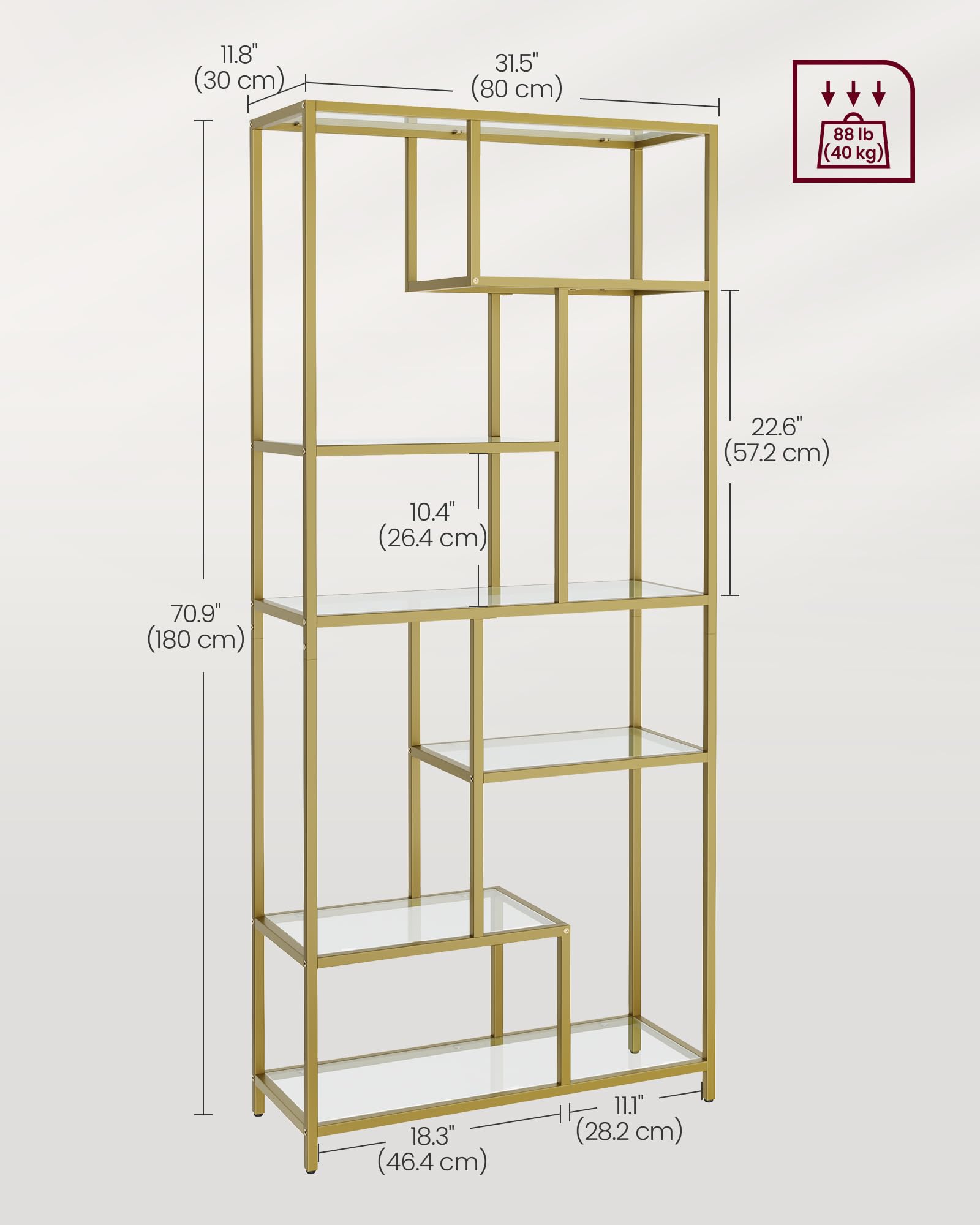 VASAGLE 6-Tier Tall Bookshelf with Tempered Glass - Modern Bookcase & Display Shelf for Home Office, Living Room, Bedroom - 11.8