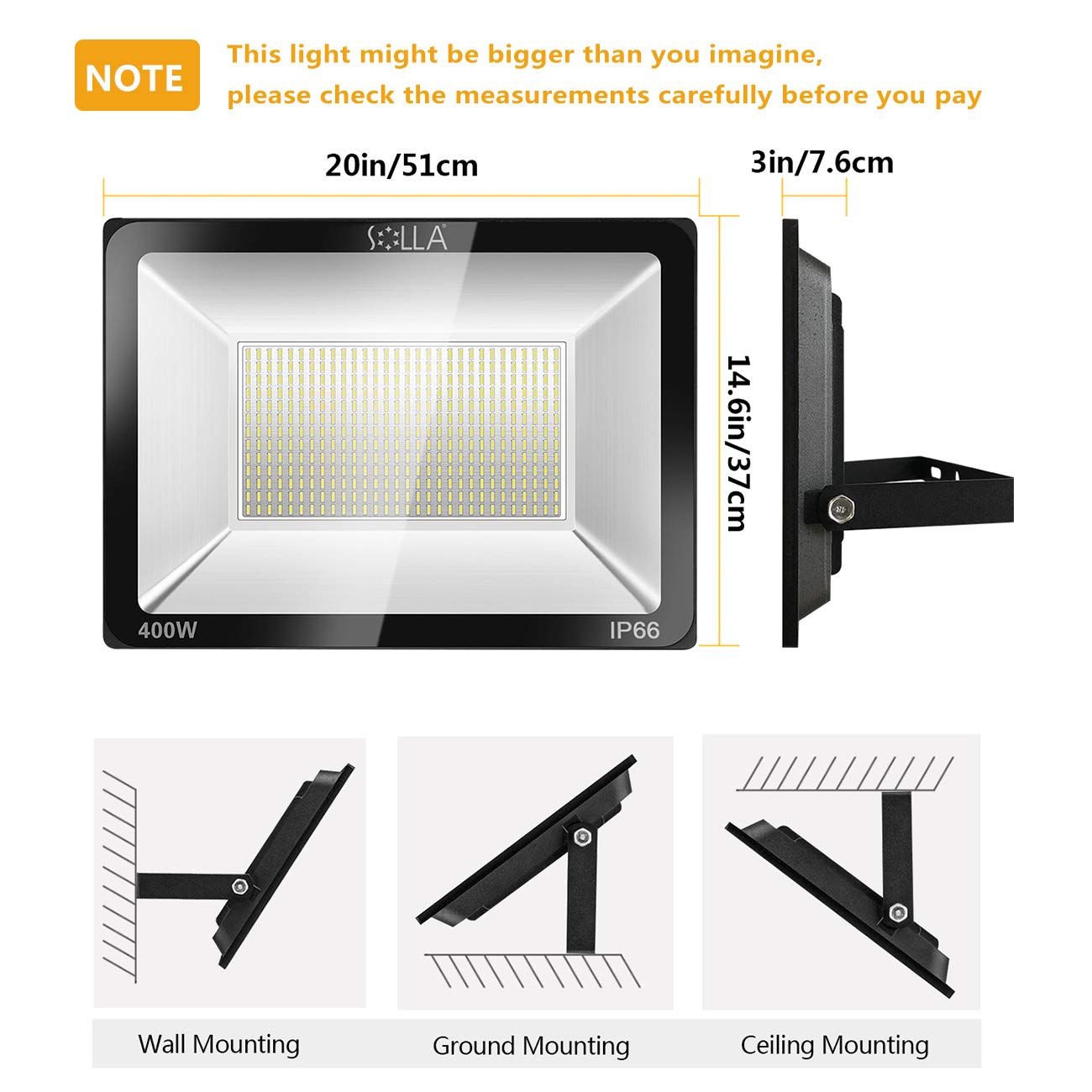 SOLLA 400W LED Flood Light - IP66 Waterproof, 32000 Lumens Super Bright, 2140W Equivalent Outdoor Security Lighting (6000K Daylight White) - Perfect for Landscape, Wall, Backyard, Parking Lot & Stadium Illumination