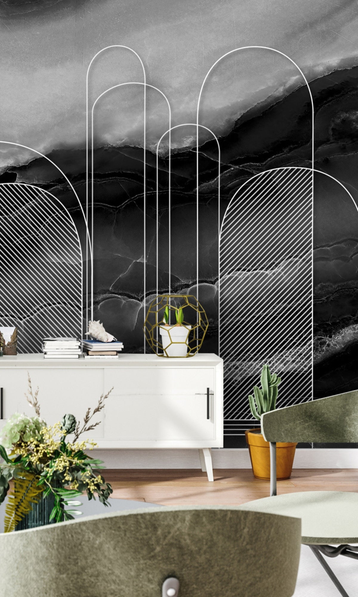 Abstract Muqarnas Mural Wallpaper - Black & White Marble Design (M1335 Sample) - Perfect for Modern Living Rooms, Bedrooms & Office Decor