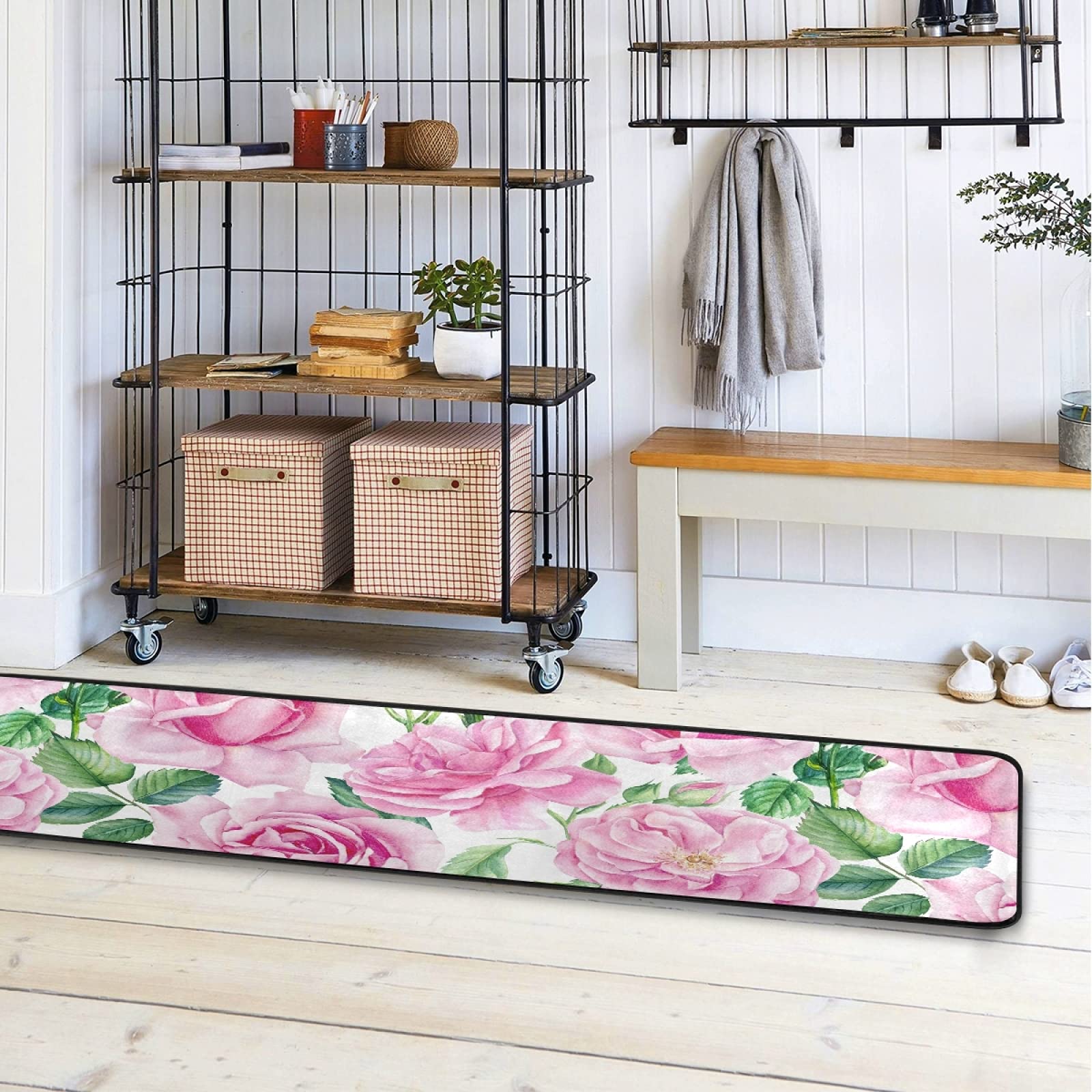 Floral Pink Roses White Runner Rug - Non-Slip Hallway Carpet 2x6 FT, Soft Indoor Area Rug for Kitchen, Bathroom, Bedroom & Entryway - Perfect for Home Decor, Wedding Aisle, and Cozy Living Spaces