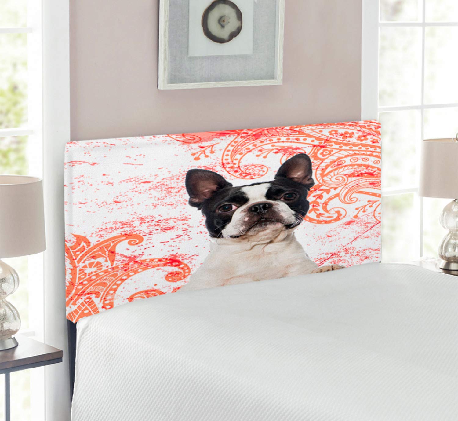 Ambesonne Dog Lover Upholstered Headboard - Vintage Pet Animal Design on Swirls Backdrop, Decorative Metal Bed Frame with Memory Foam, Twin Size, Multicolor - Perfect for Pet Lovers' Bedroom Decor