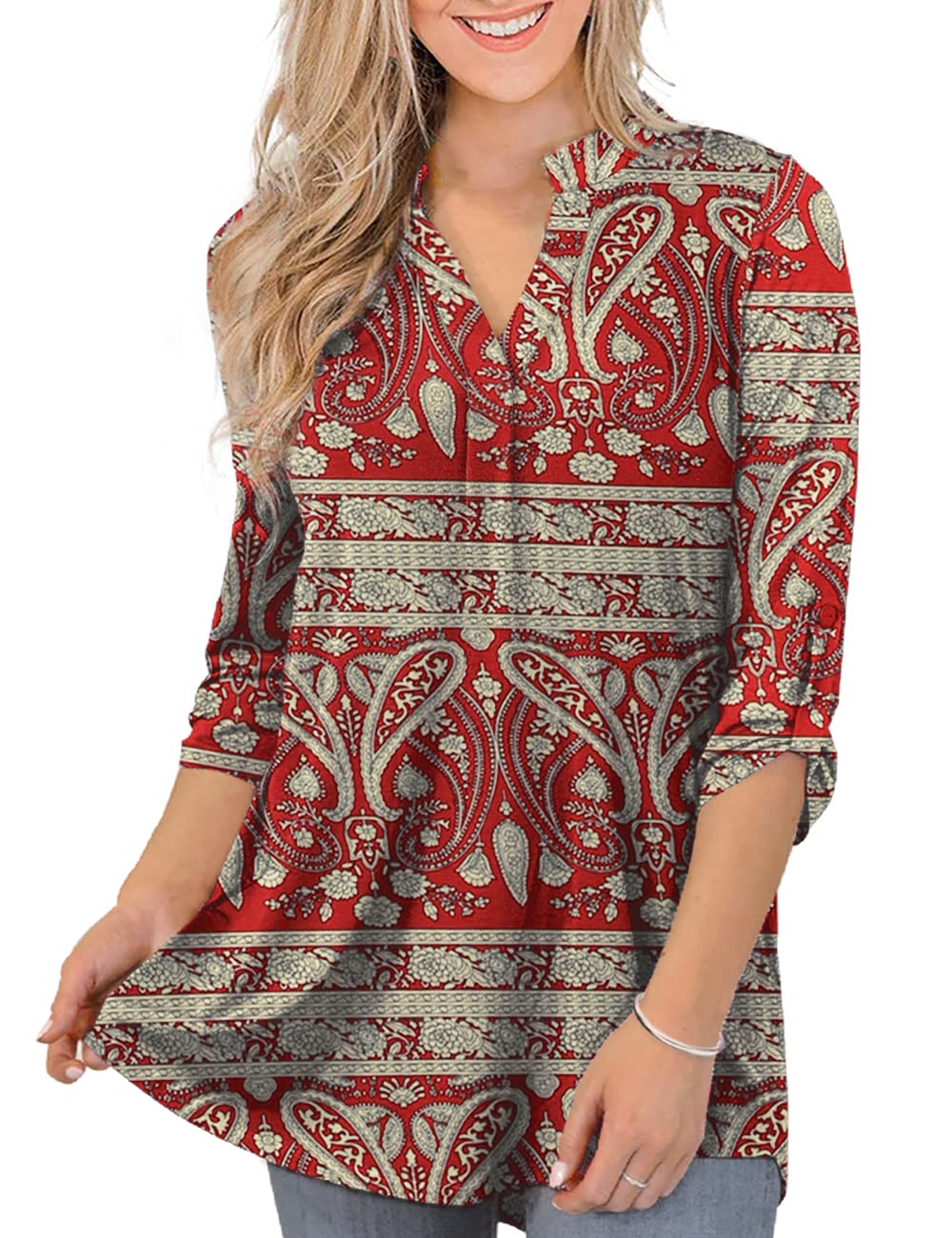 Stylish Women's 3/4 Sleeve Tunic Blouses - Dressy Casual Plus Size Tops (M-4XL) for Work, Office & Everyday Wear