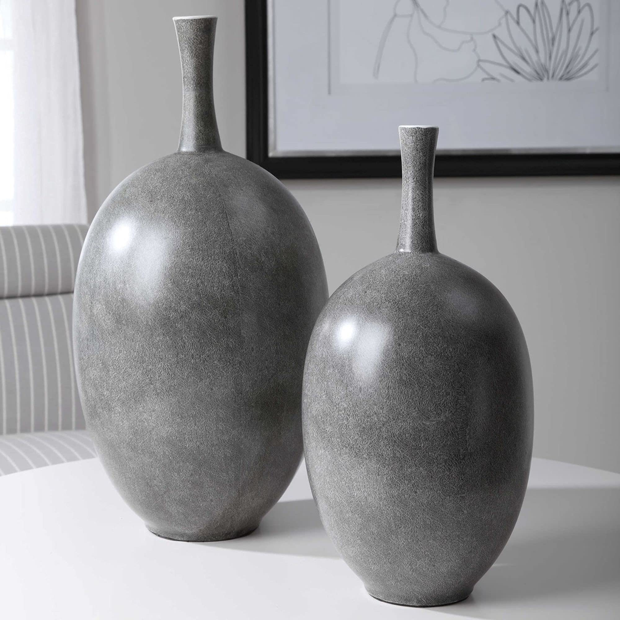 Set of 2 Modern Black and White Marbled Ceramic Vases - 20 Inch Tall Home Decor for Living Room, Dining Table, Office & Wedding Centerpieces