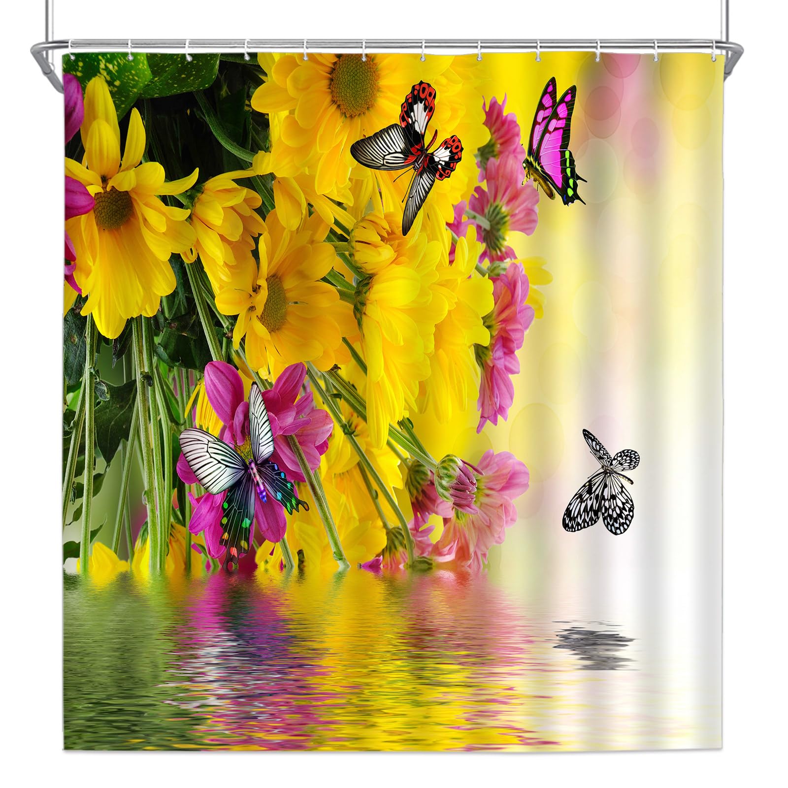 Butterfly Shower Curtain - Yellow Floral Spring Scenery with Water Reflection Design - 70x70 Inch Polyester Bathroom Decor Set with Hooks - Perfect for Summer, Boho & Nature-Themed Bathrooms