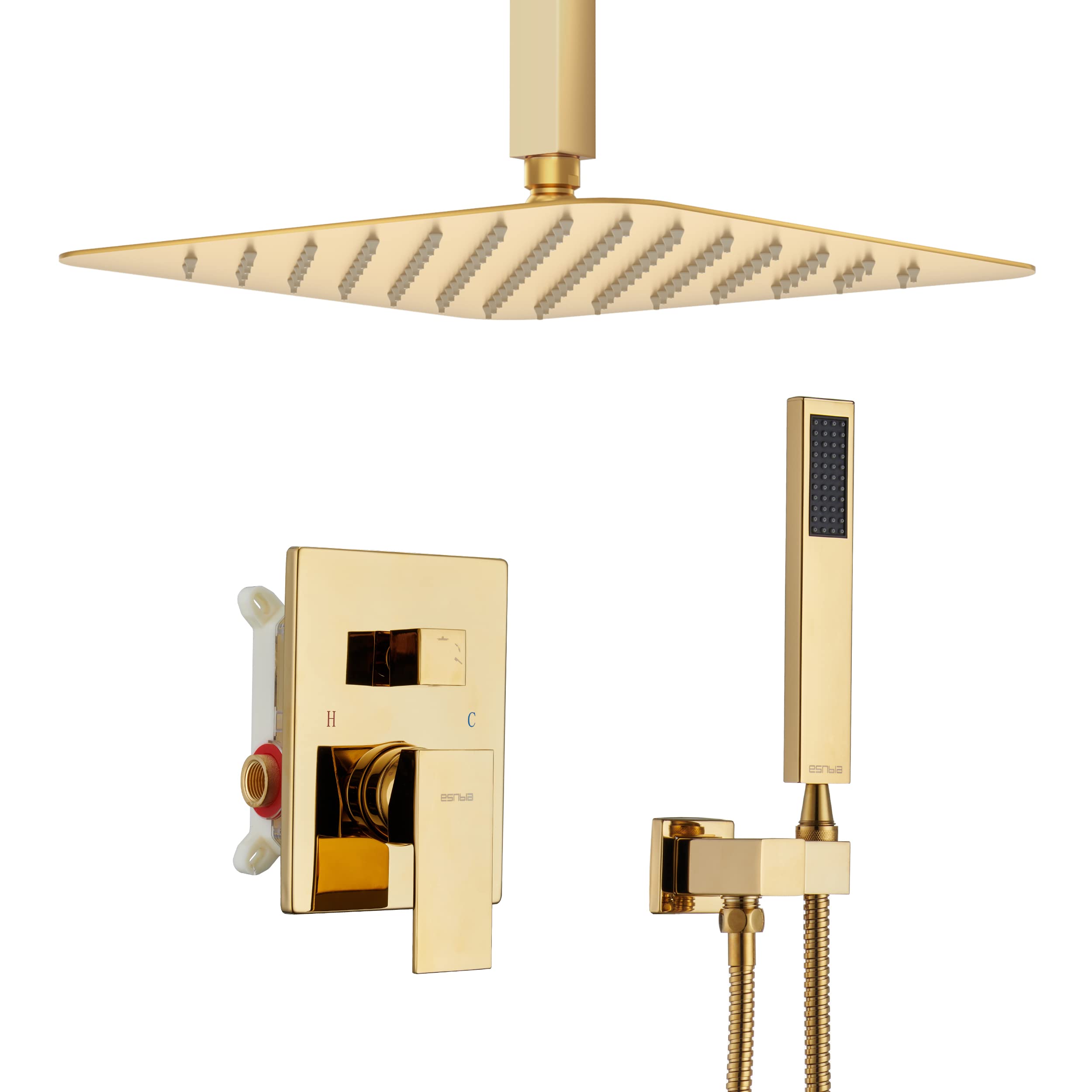 ESNBIA 10 Inch Rain Shower Head with Handheld Combo - High Pressure Ceiling Mount Dual Shower System - Polished Gold Bathroom Faucet Set with Valve & Trim - Perfect for Luxurious Spa-Like Showers and Modern Bathroom Upgrades