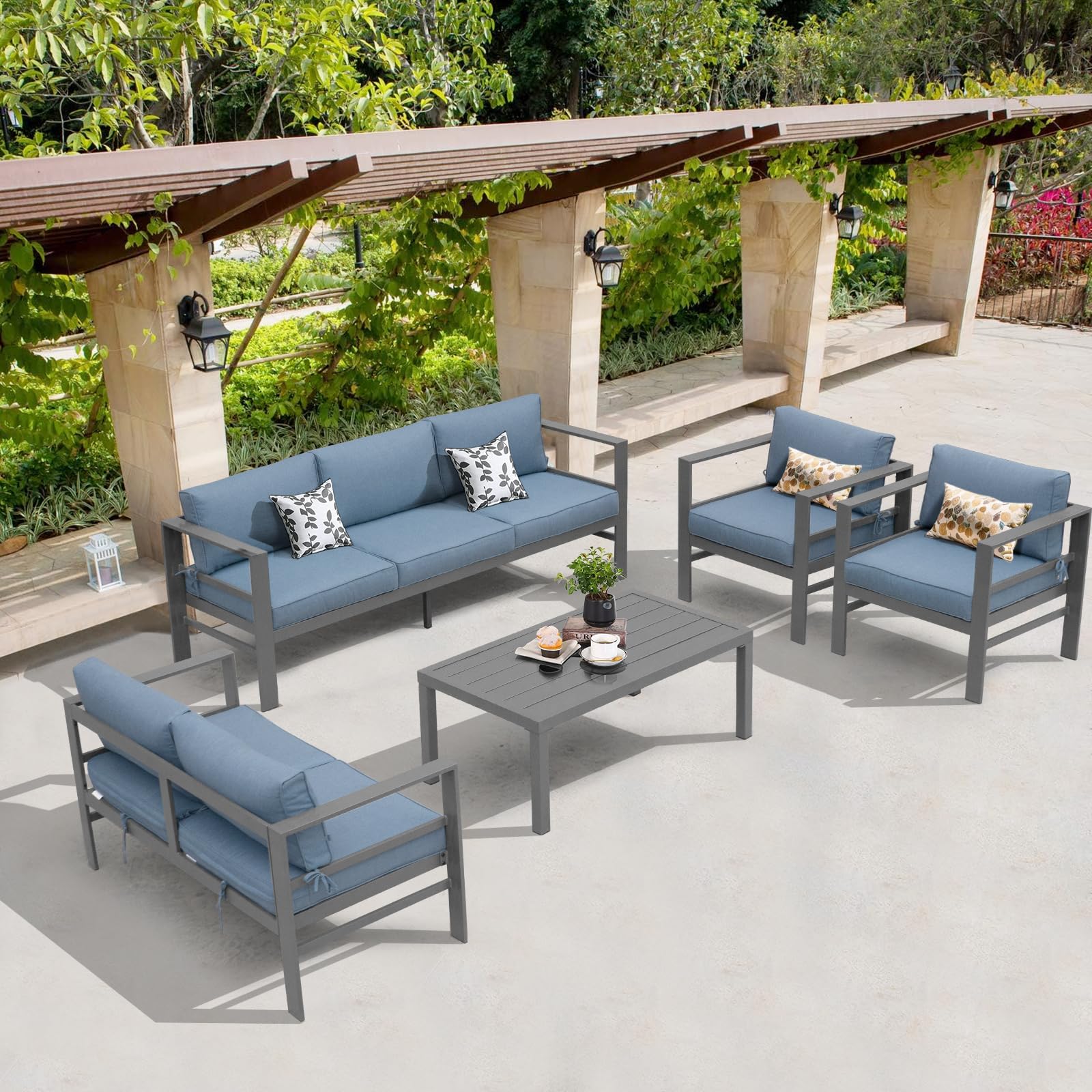 5-Piece Cast Aluminum Outdoor Patio Furniture Set - Grey Frame & Blue Cushions - Modern Metal Conversation Sofa Set for Backyard, Garden, Poolside or Deck Relaxation