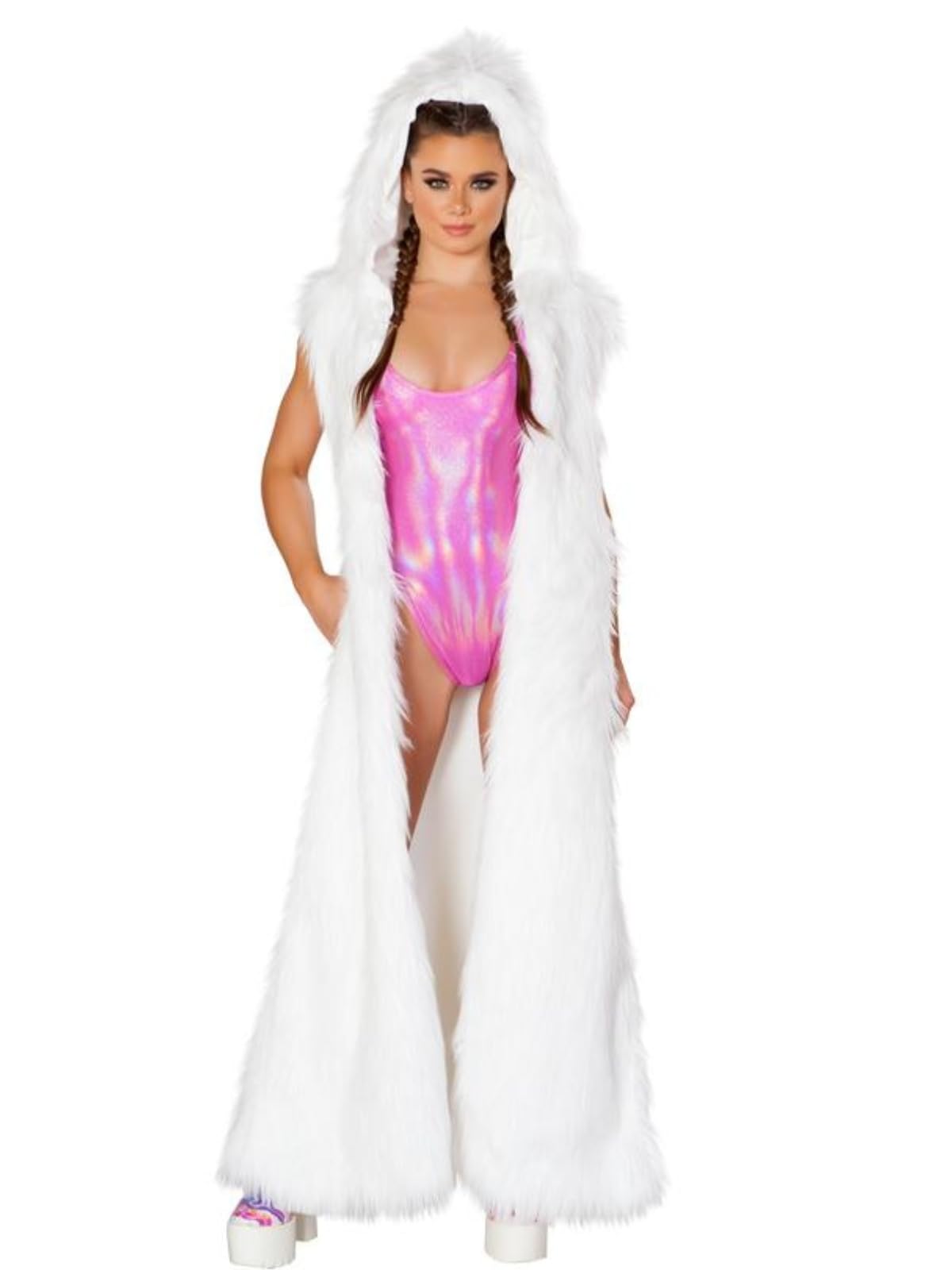 Glow in the Dark LED Fur Coat Jacket - Light Up Disco Rave Jacket for Women & Girls - EDM Party Costume & Festival Clothing - Perfect for Nightclubs, Concerts, Halloween & Rave Parties
