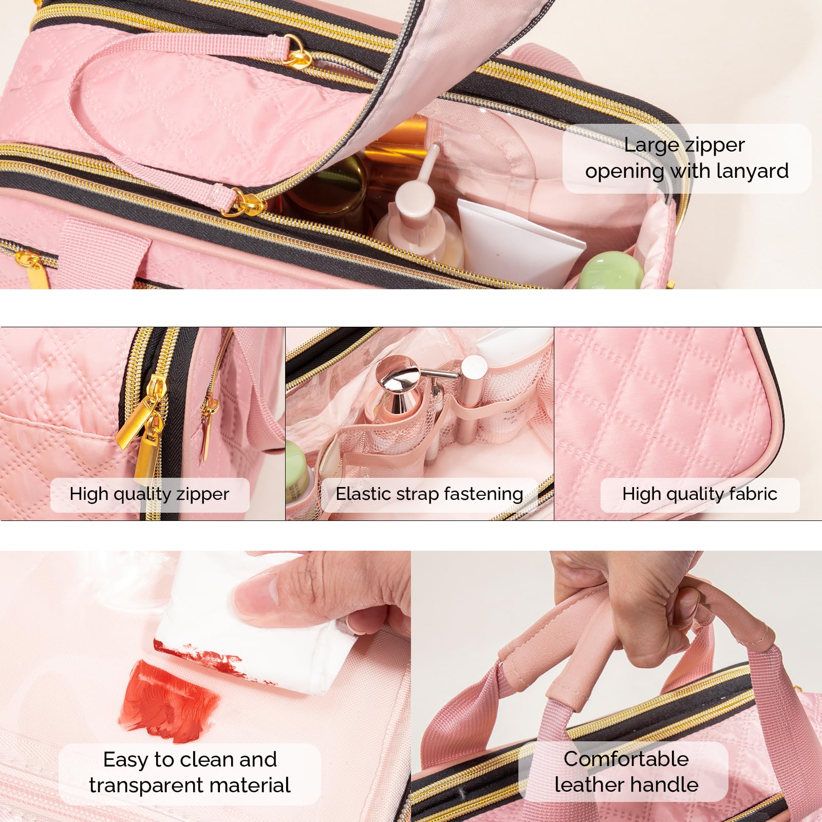 FUNSEED Hanging Travel Toiletry Bag for Men & Women - Large Capacity Waterproof Makeup Organizer with Multiple Compartments for Cosmetics, Jewelry, Toiletries - Perfect for Vacation, Business Trips & Gym (Pink)