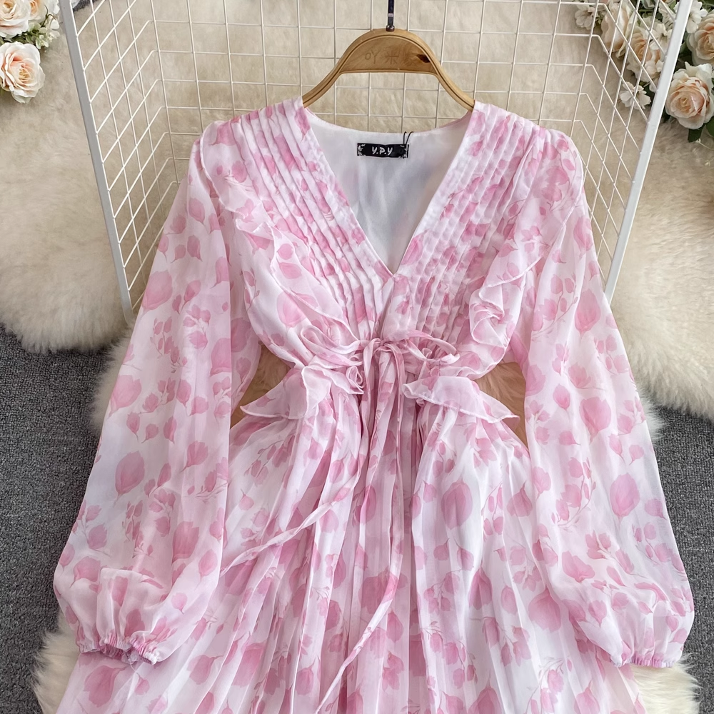 Women's Autumn Floral V-Neck Bubble Sleeve A-Line Pleated Dress 1615 | Elegant Fall Party Dress for Weddings, Office Wear & Special Occasions
