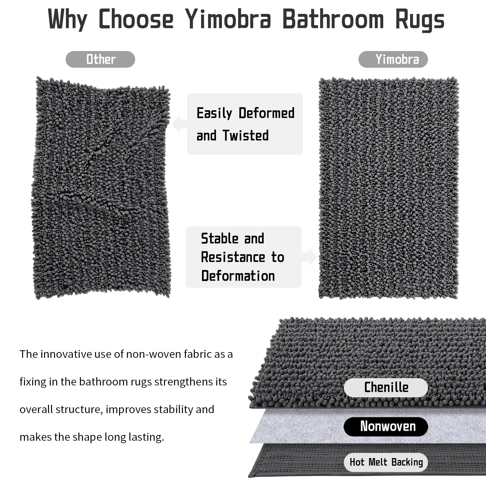 Luxury Chenille Bath Mat 55x24 Inches - Ultra Soft Shaggy Bathroom Rug, Non-Slip & Absorbent, Dark Gray - Perfect for Bathroom, Spa, and Master Suite Decor