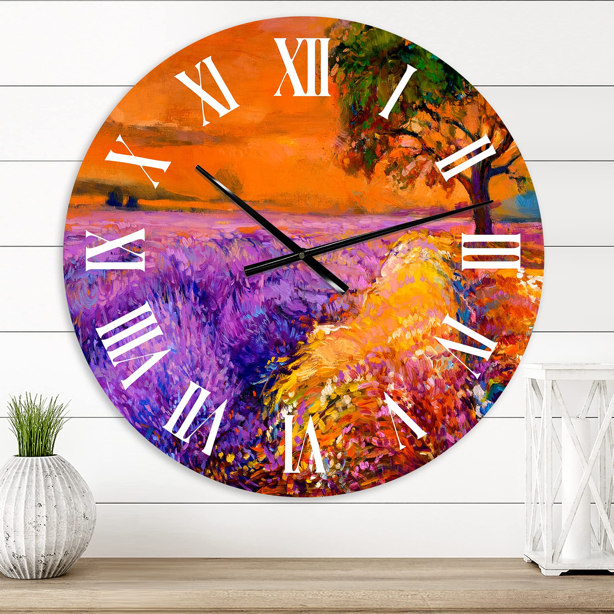 Farmhouse Wall Clock - 'Purple Lavender Fields Under Orange Sunset' Landscape Wall Art, Large Rustic Clock for Living Room, Kitchen, Bedroom Decor | Perfect for Farmhouse, Cottage & Vintage Style Homes