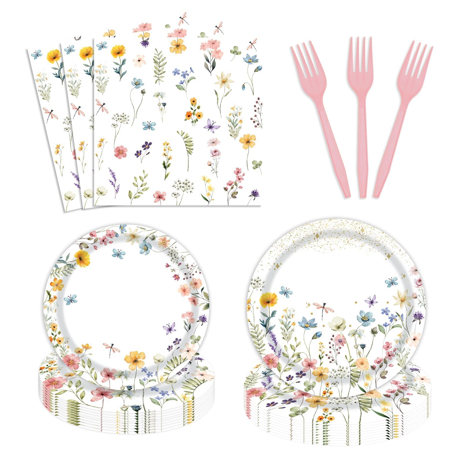 96 Pcs Wildflower Party Supplies - Disposable Floral Paper Plates & Napkins Set for Baby Shower, Birthday, Wedding, Spring & Summer Picnic, Tea Party - Decorates & Serves 24 Guests - Perfect for Outdoor Gatherings, Garden Parties & Bridal Showers