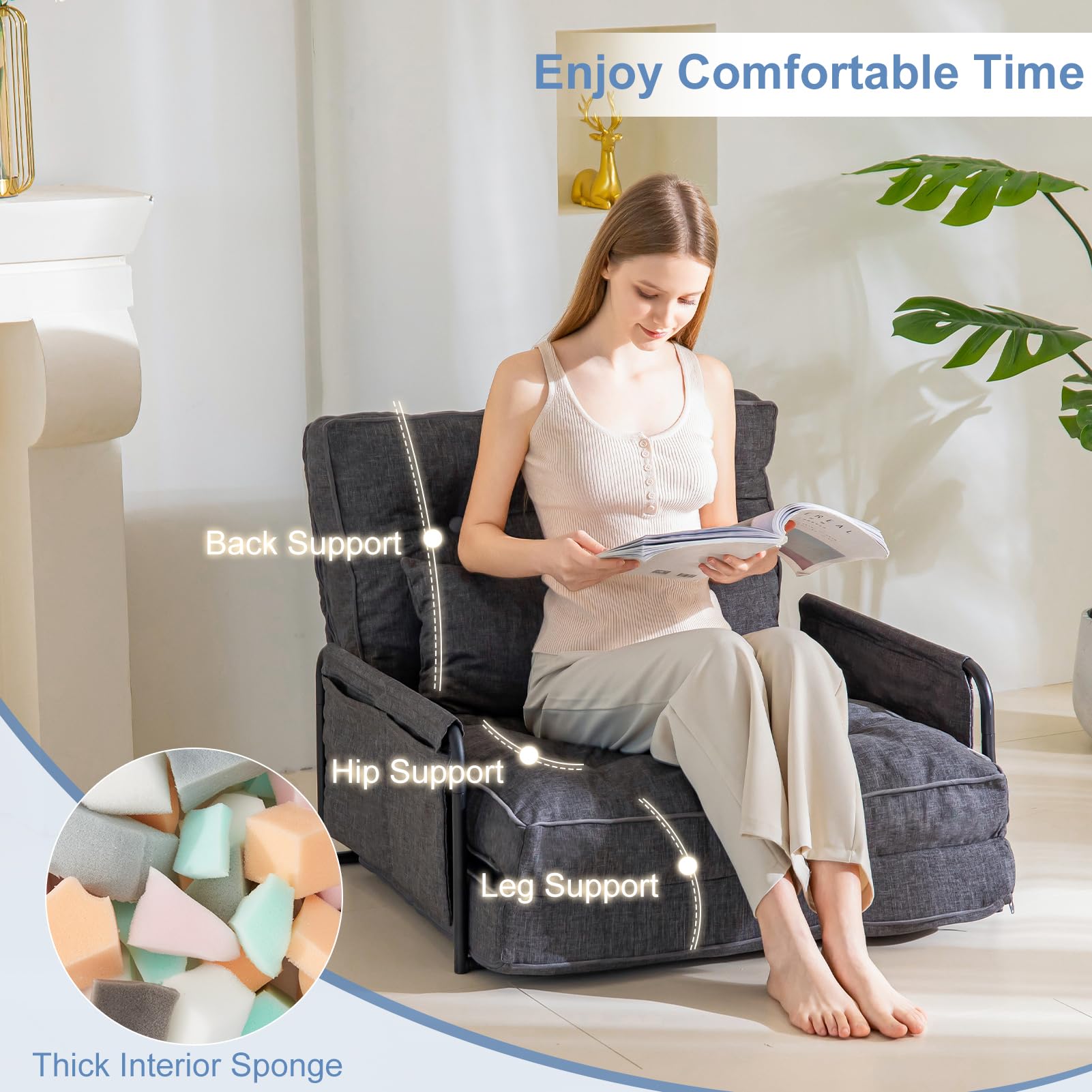 MAXYOYO Adjustable Floor Sofa Bed - Convertible Folding Couch with Removable Pillows, Single Size Grey - Perfect for Small Spaces, Guest Rooms & Cozy Living Room Lounging