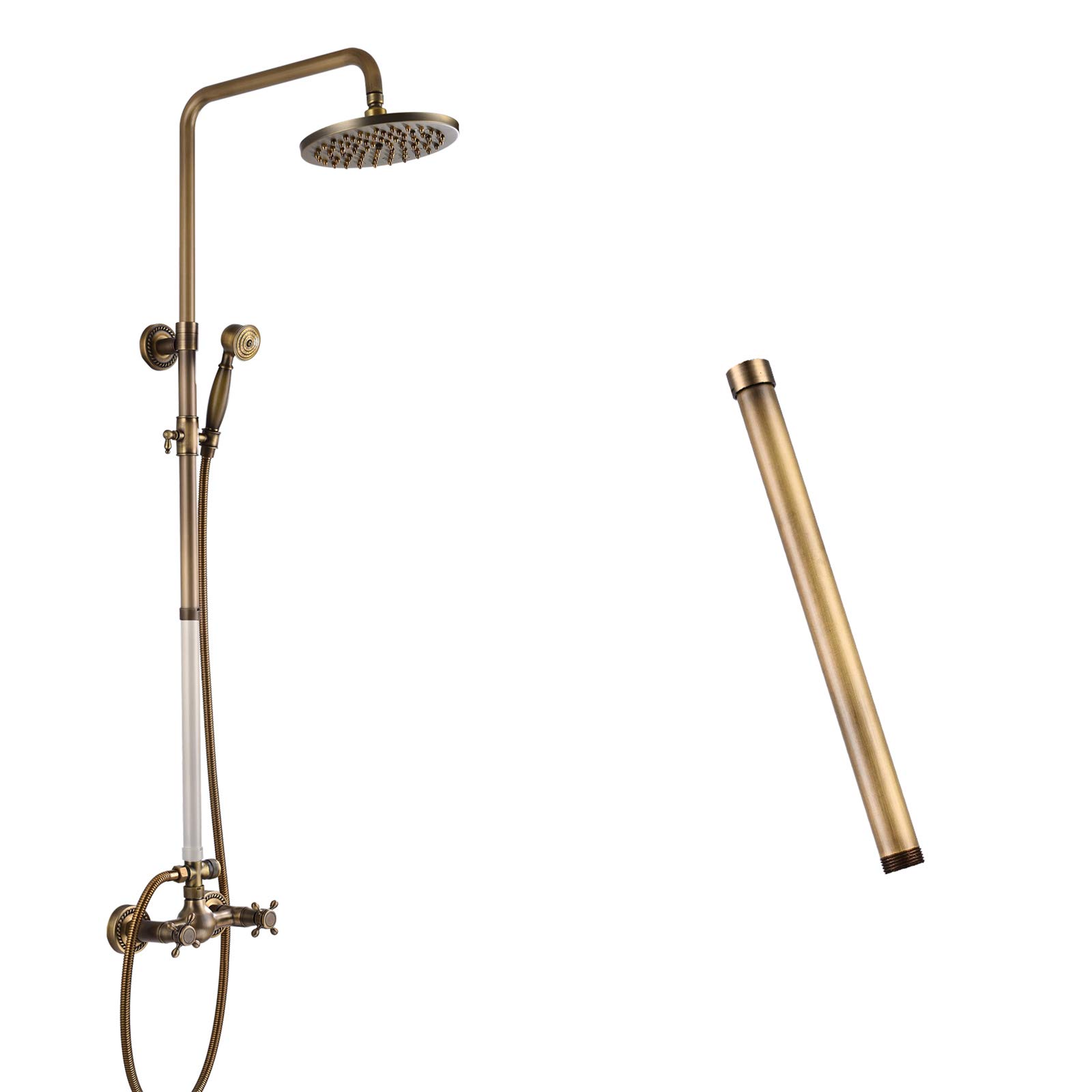Gotonovo 8 Inch Antique Brass Rainfall Showerhead - Wall Mounted 2 Cross Handle Shower Fixture with G3/4 Extension Tube & Adjustable Shower Arm - Perfect for Vintage Bathroom Renovation & Spa-Like Shower Experience