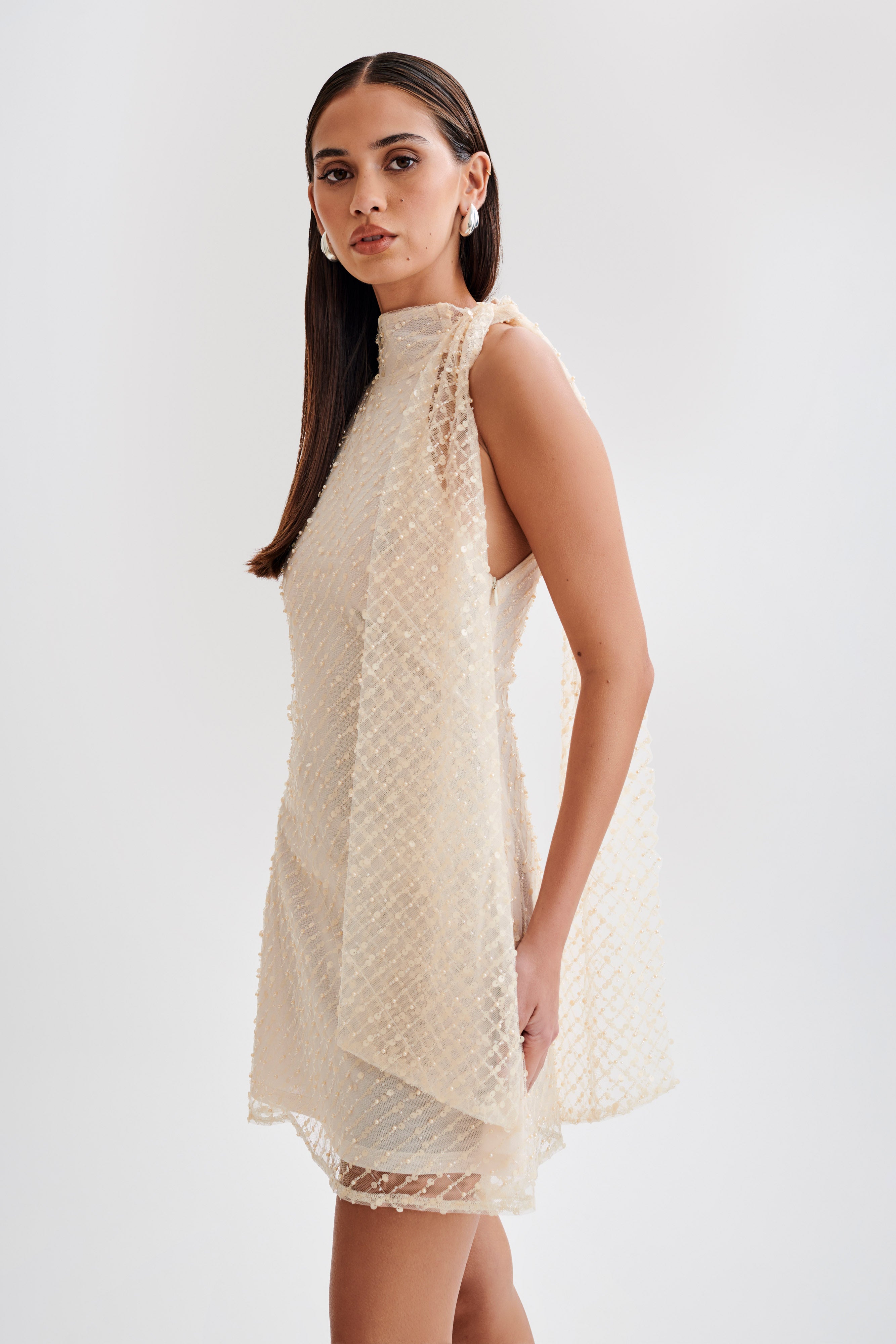 Aubriella Sequin Halter Mini Dress with Tie - Buttercream Color | Sparkling Party Dress for Women | Perfect for Cocktail Parties, Night Out, and Special Occasions