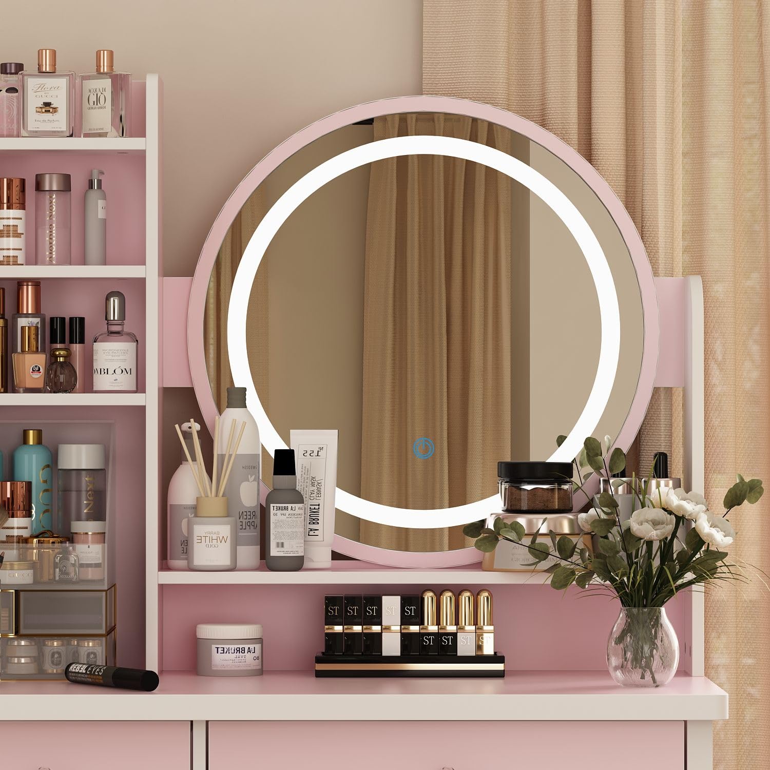 MOUMON Pink Vanity Desk with LED Lights, Mirror, Drawers & Shelves - Crystal Handles & Cushion Stool Included | Perfect for Makeup, Skincare & Dressing Room Organization