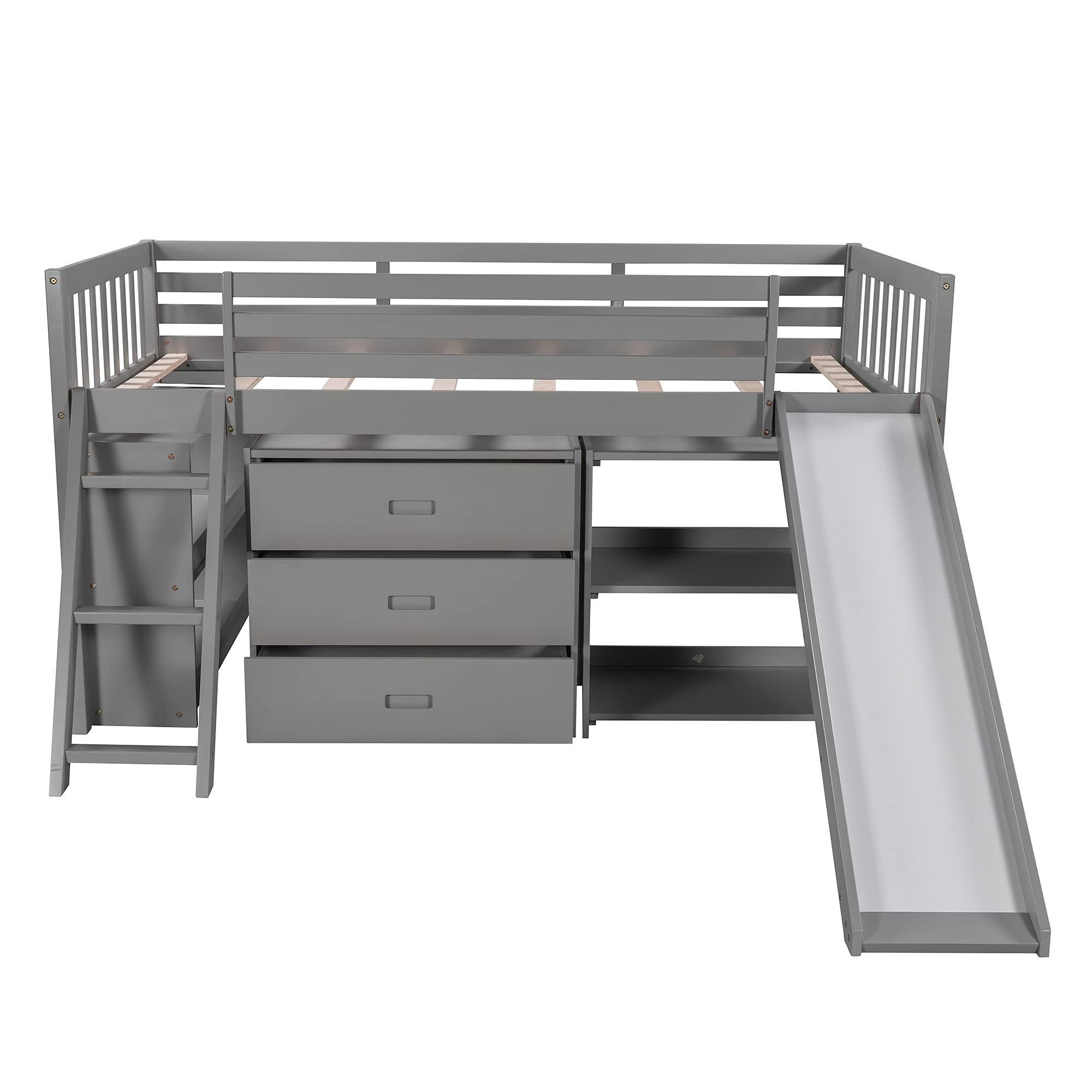 Wotefusi Gray Low Loft Bed with Bookcase & 3-Tier Drawers, Convertible Ladder & Slide, Twin Size - Space-Saving Kids Bedroom Furniture for Small Rooms (US Stock)