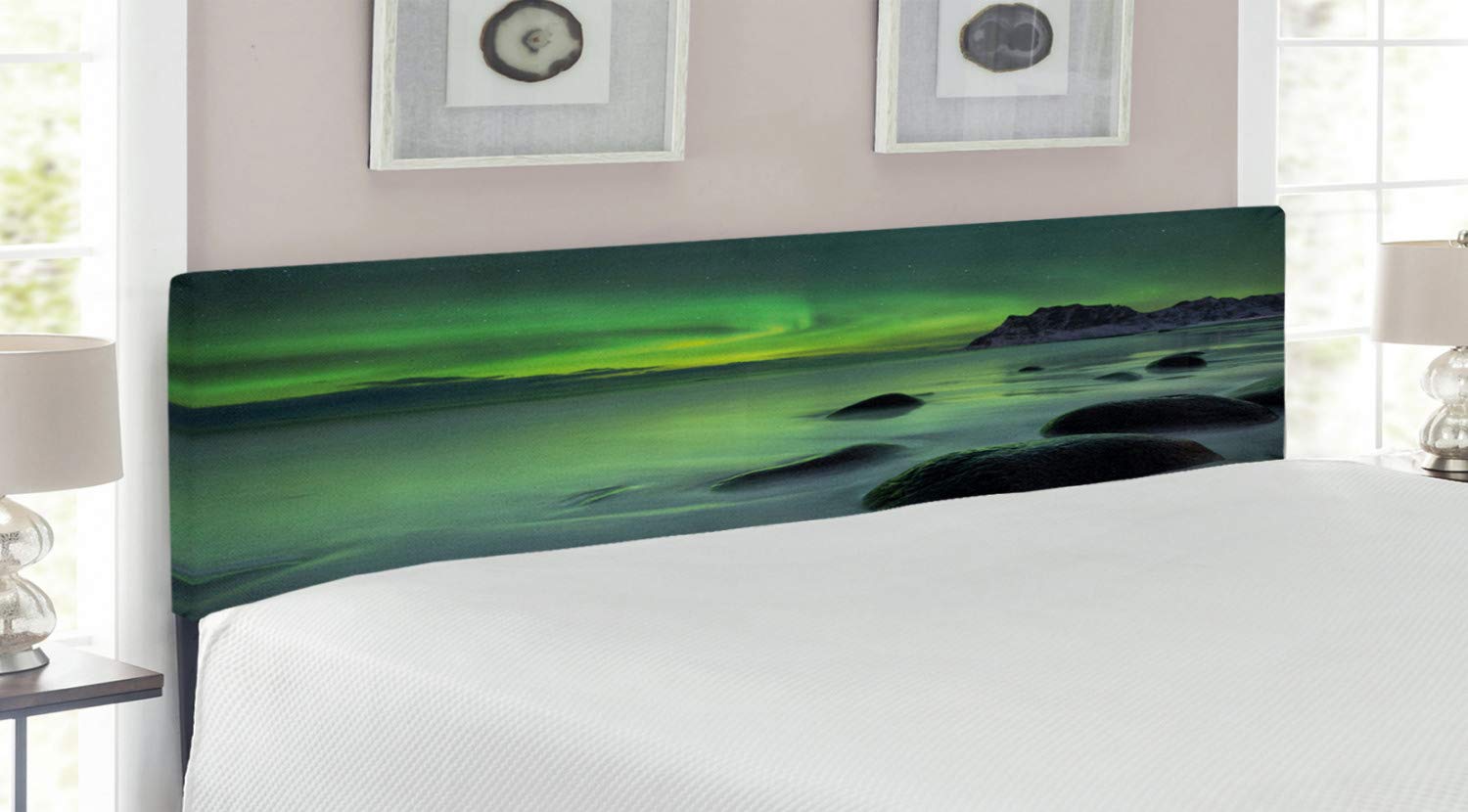 Ambesonne Aurora Borealis Upholstered Headboard - King Size Metal Bed Frame with Memory Foam, Lime & Almond Green Nature Panorama Design | Perfect for Bedroom Decor, Coastal Theme & Nordic Style Interiors