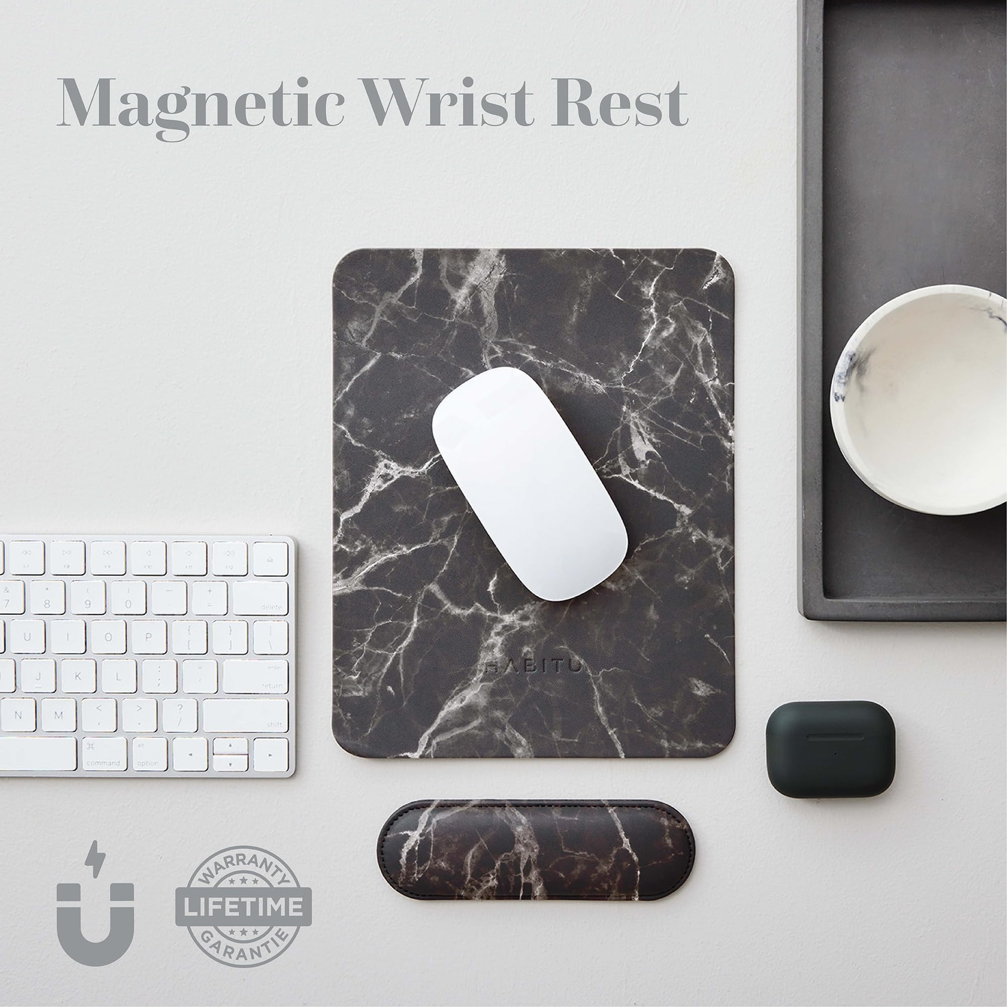 Vegan Leather Black Marble Mouse Pad with Magnetic Wrist Support - Ergonomic & Anti-Slip Desk Accessory for Office & Gaming | Perfect for Women & Men Workstations
