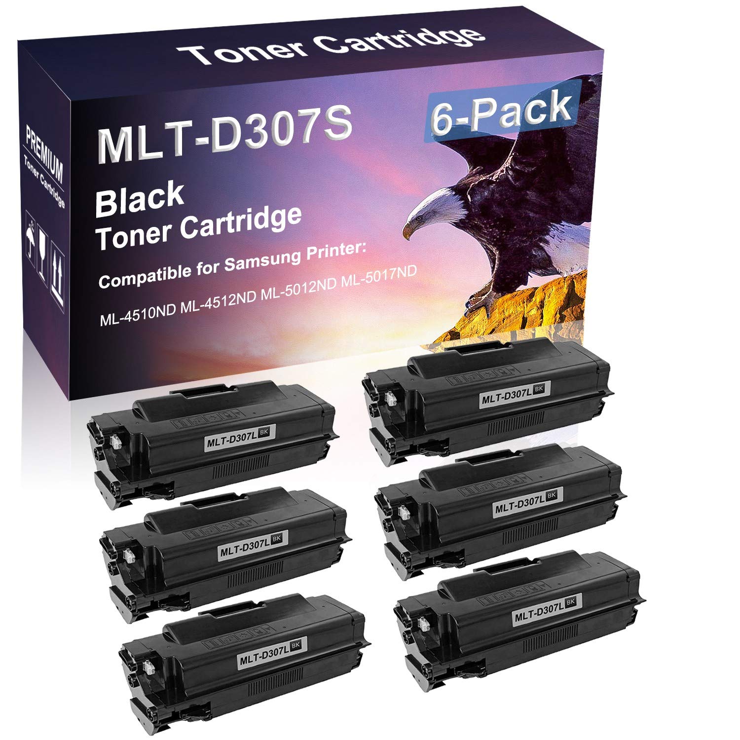6 Pack Black High Yield Compatible Laser Toner Cartridge Replacement for Samsung MLT-D307S D307S - Works with ML-4510ND, ML-4512ND, ML-5012ND, ML-5017ND Printers - Ideal for Office & Home Printing Needs